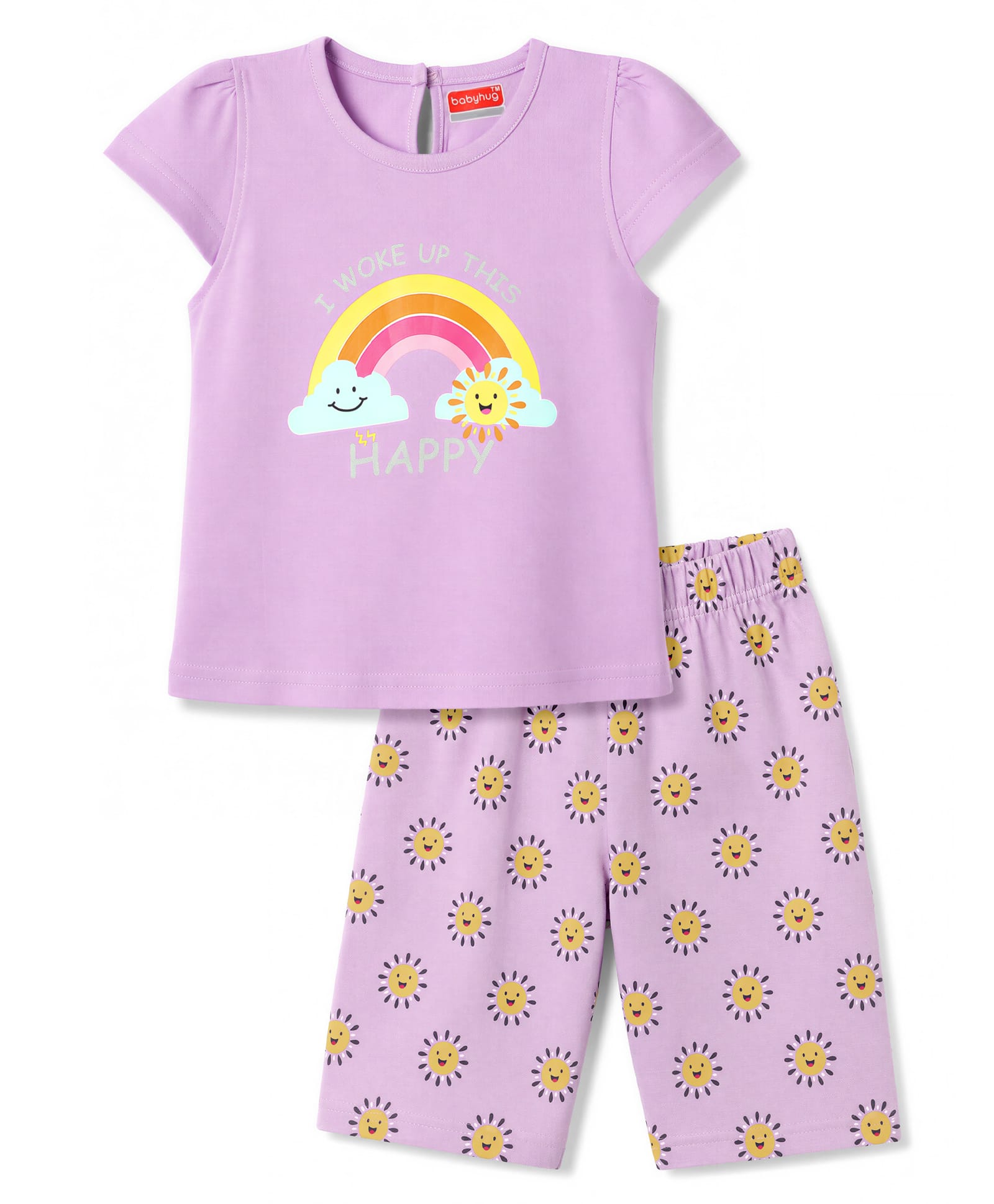 Babyhug Cotton Knit Half Sleeves T-Shirt & Capri Night Suit Rainbow Print - Lavender-image-12