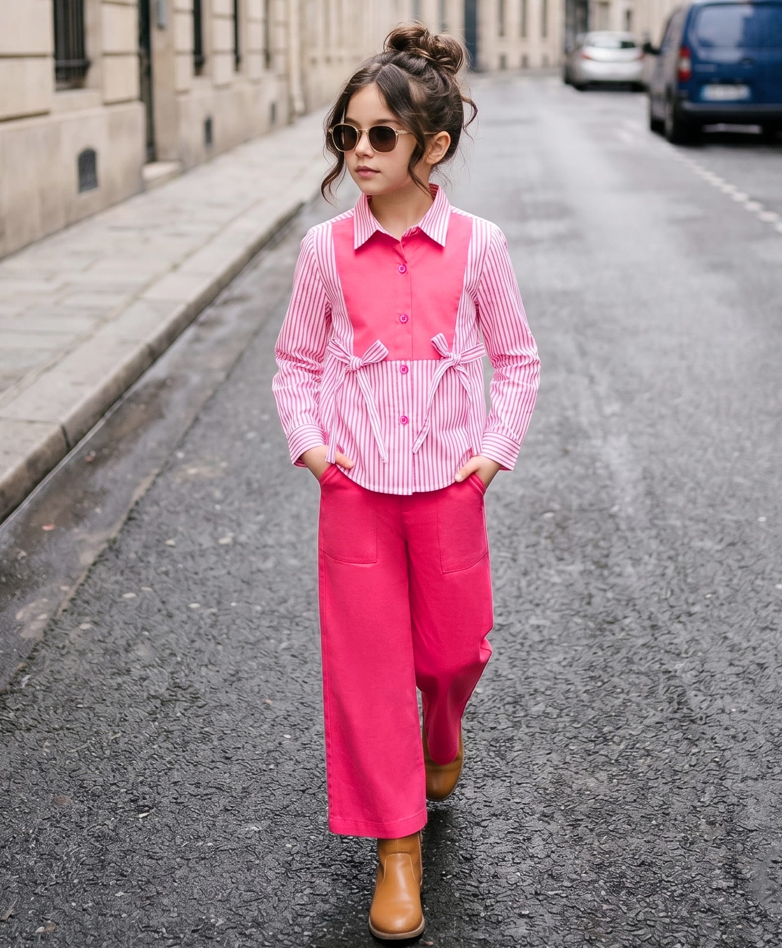 Ollington ST. Poplin Woven Full Sleeves Striped Shirt Top & Twill Culottes- Pink-image-49