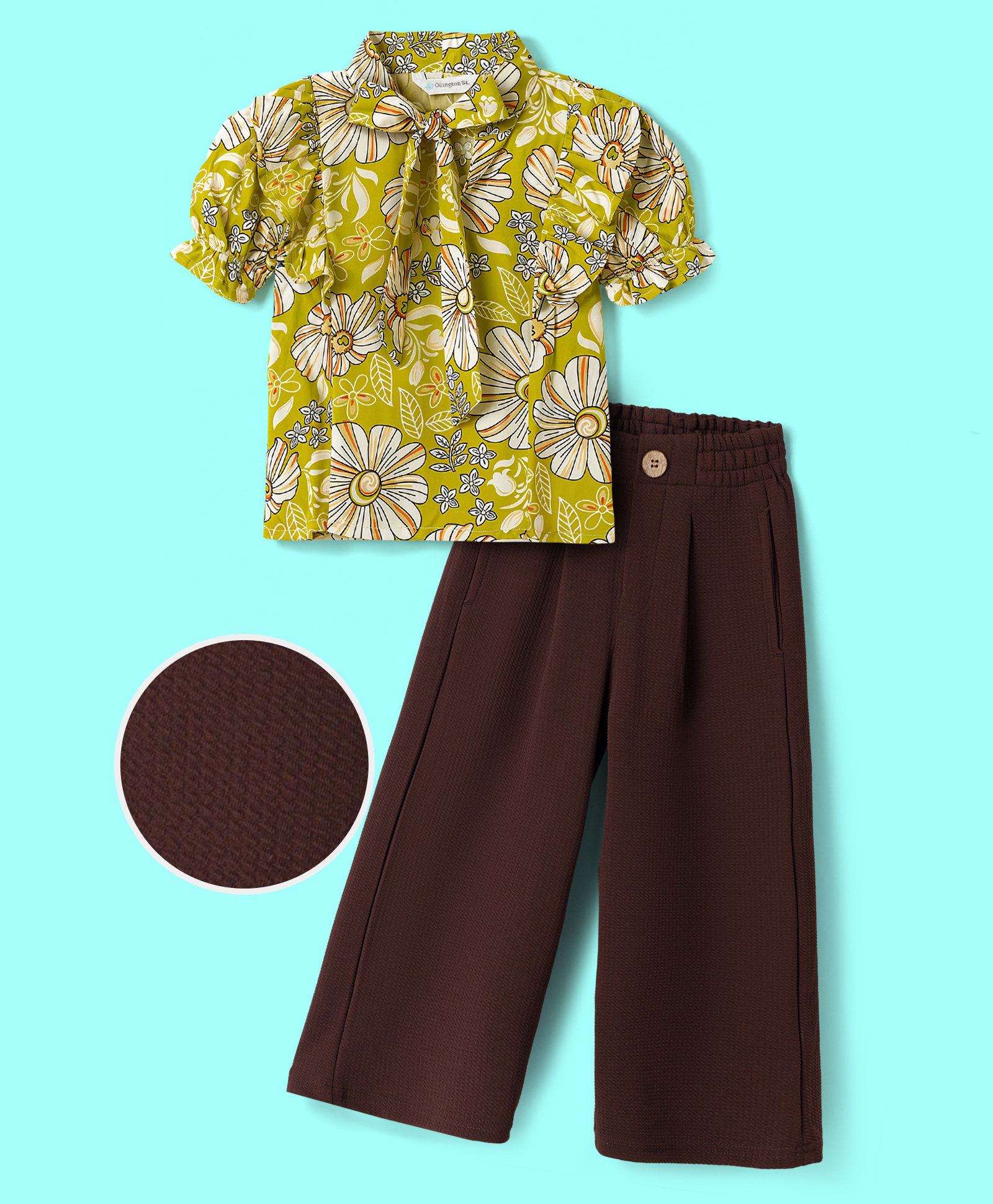 OLLINGTON ST. Woven Half Sleeves Floral Printed Top & Waffle Culottes- Green & Brown-image-18