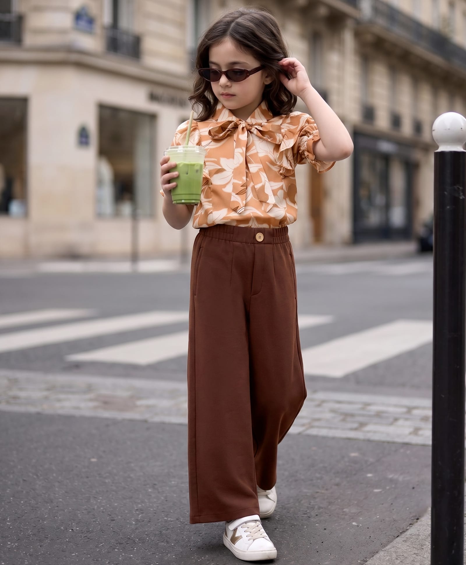 OLLINGTON ST. Woven Half Sleeves Floral Printed Top & Waffle Culottes Set - Brown-image-17