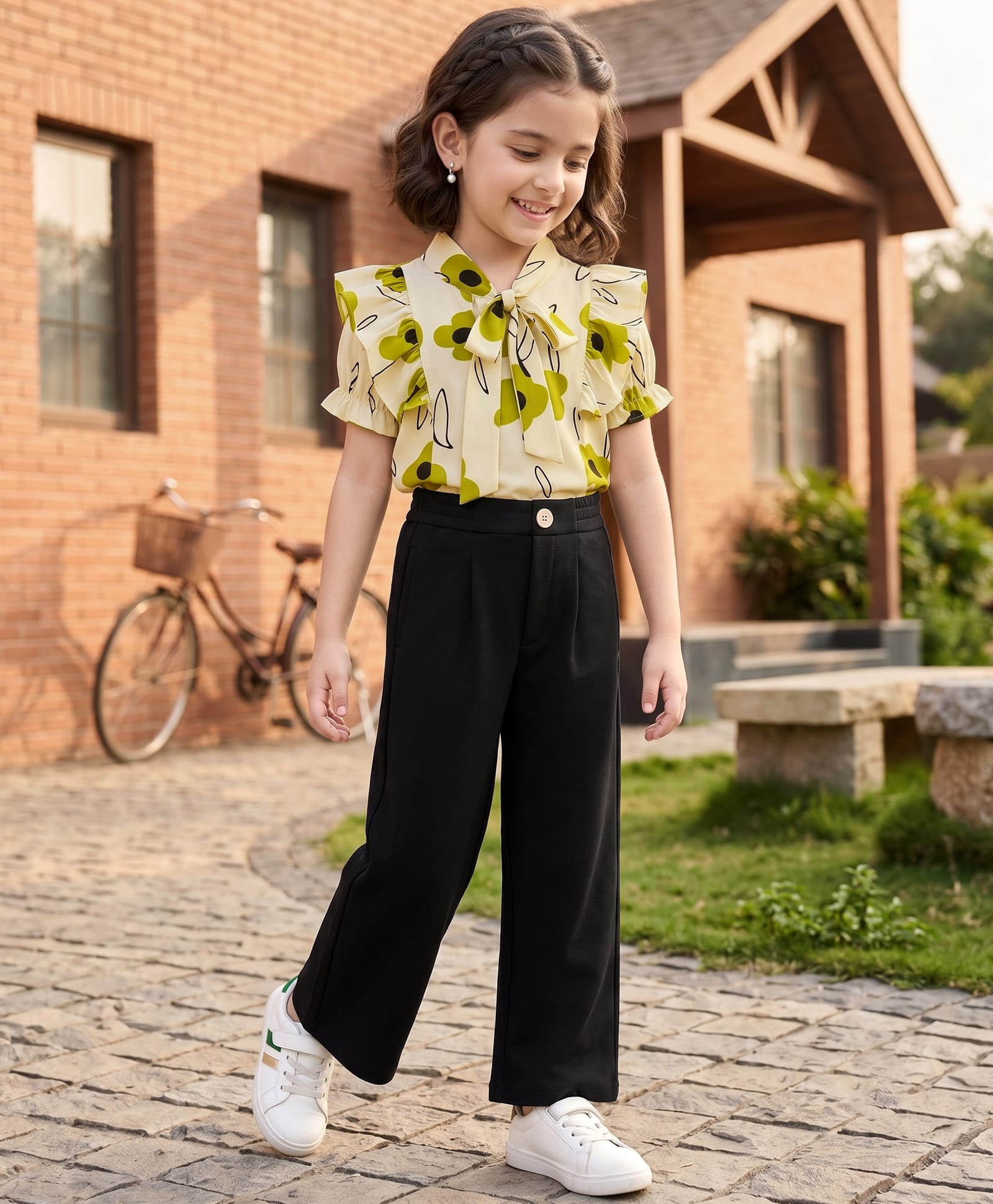 OLLINGTON ST. Viscose Knit Half Sleeves Floral Printed Top & Waffle Culottes- Beige & Black-image-47
