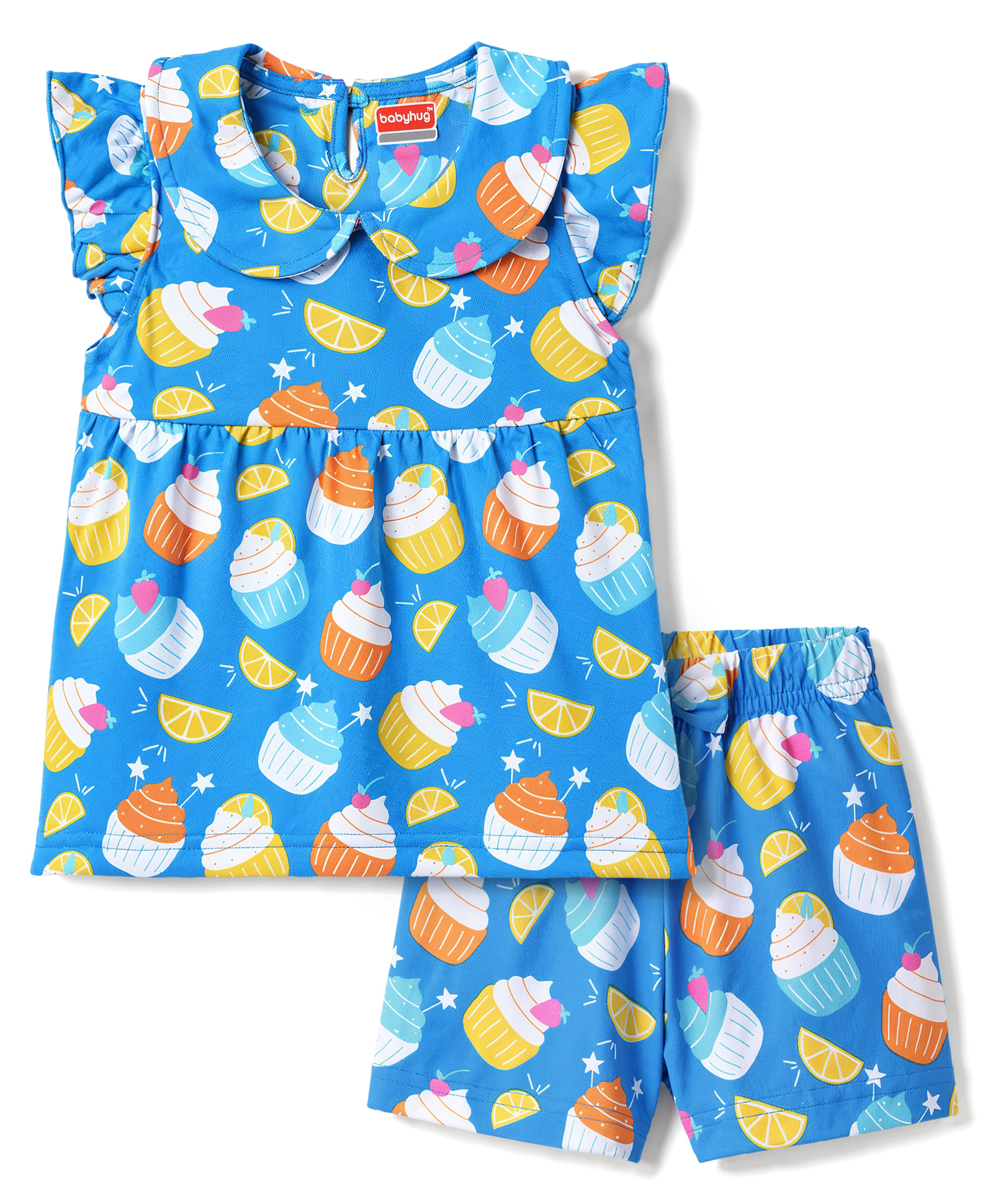 Babyhug Cotton Knit Half Sleeves Peter Pan Collar Co Ord T-Shirt & Shorts Night Suit Cup Cake Print - Blue-image-32