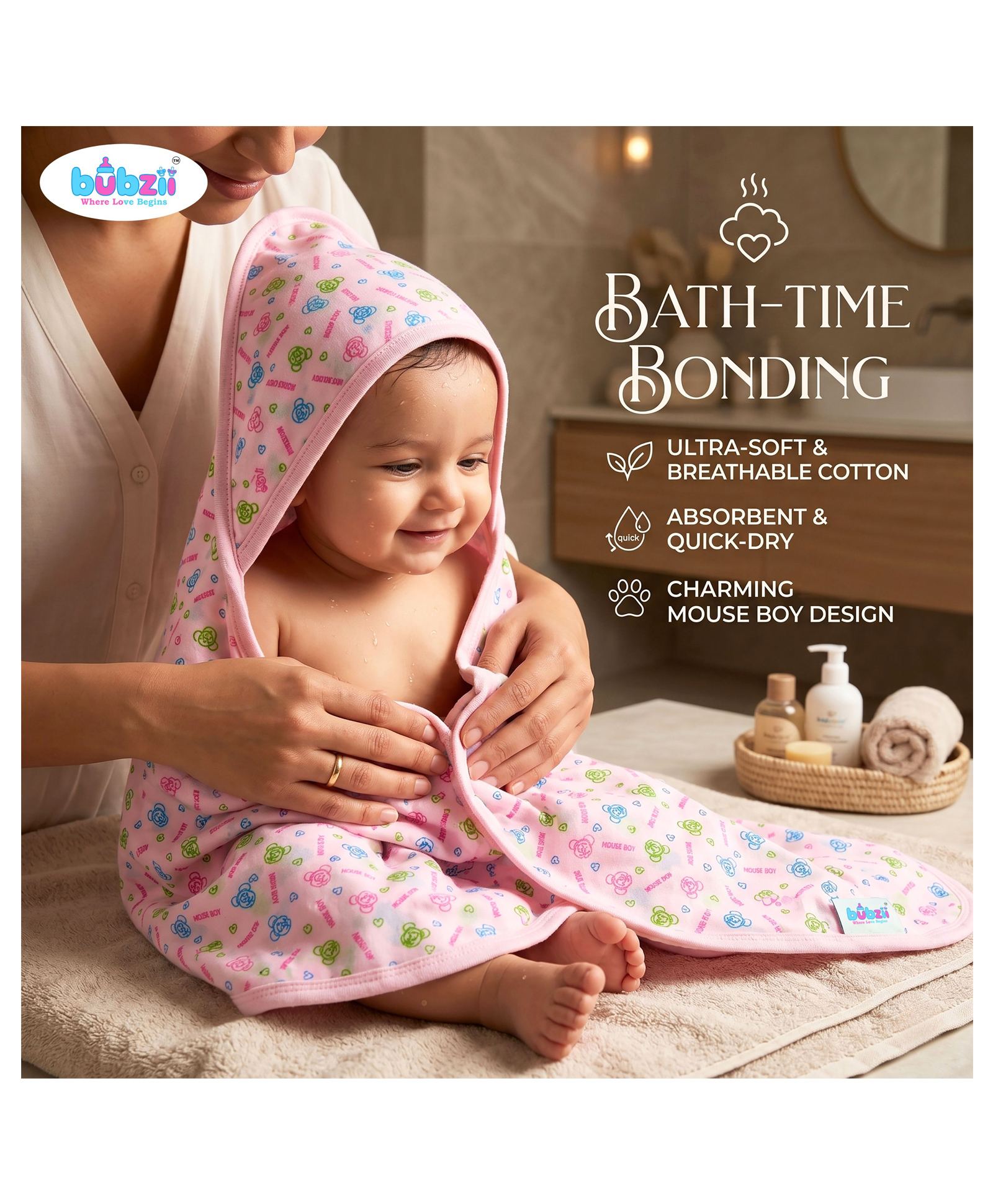 Bubzii Pink Baby Wrapping Sheet Towel & Wrappers Home Baby Hooded Bath Towel Baby Super Soft Absorbent 2 Layer Wash Towel.72 x 72 cm.-picture-18