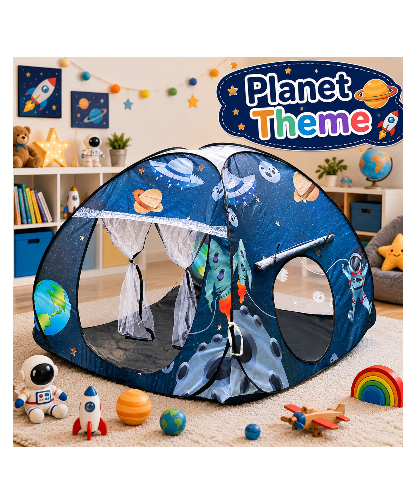 Silver Shine Foldable Play Tent House Big Size for Girl Boys with Planet Theme Pop-Up Indoor & Outdoor Play House for Girls Boys, Multi Purpose Tent House Easy Setup & Portable (Planet Blue)-image-29