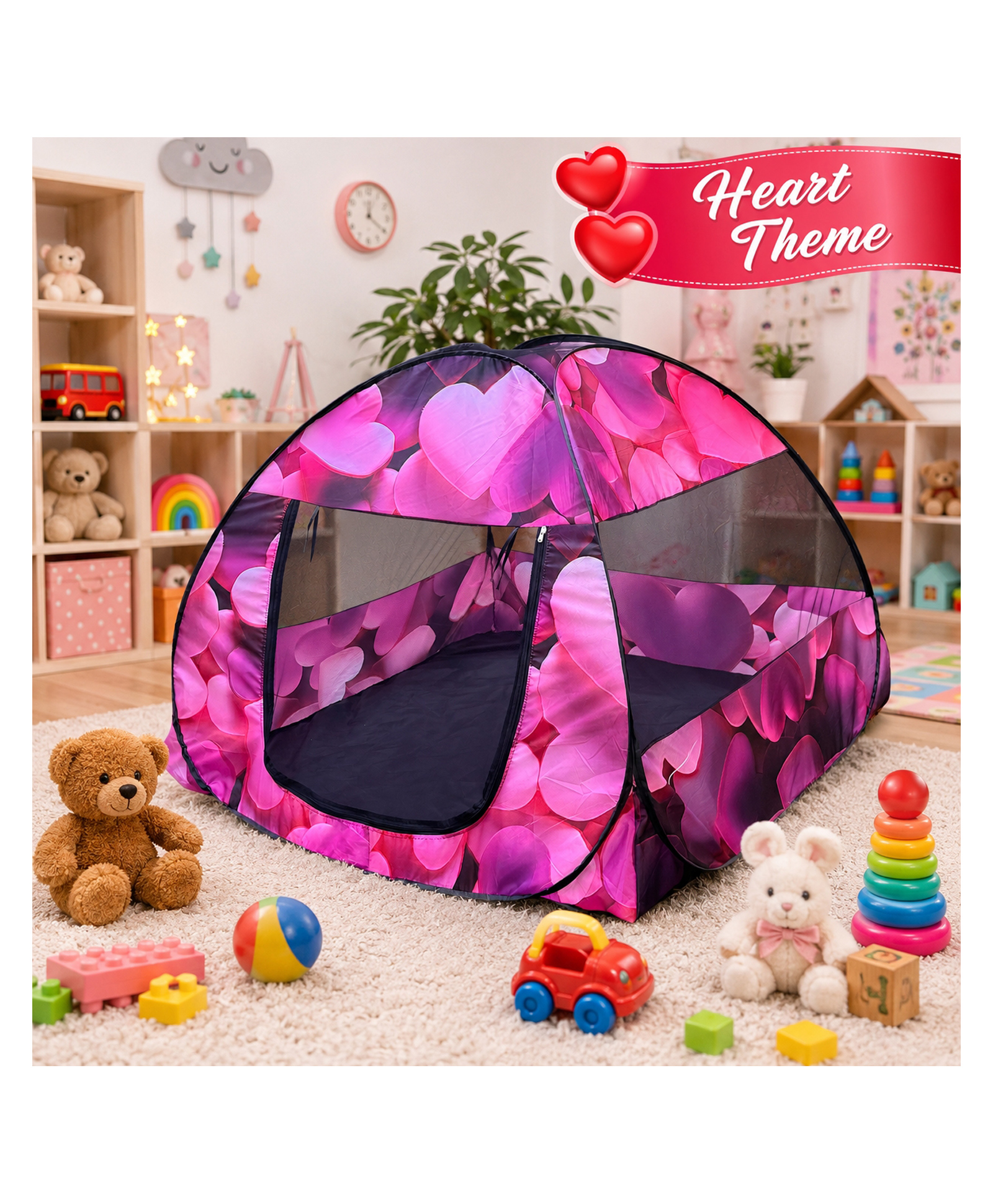Silver Shine Foldable Play Tent House Big Size for Girl Boys with Heart Pattern Pop-Up Indoor & Outdoor Playhouse for Girls Boys, Multi Purpose Tent House Easy Setup & Portable (Heart-Pink)-picture-24