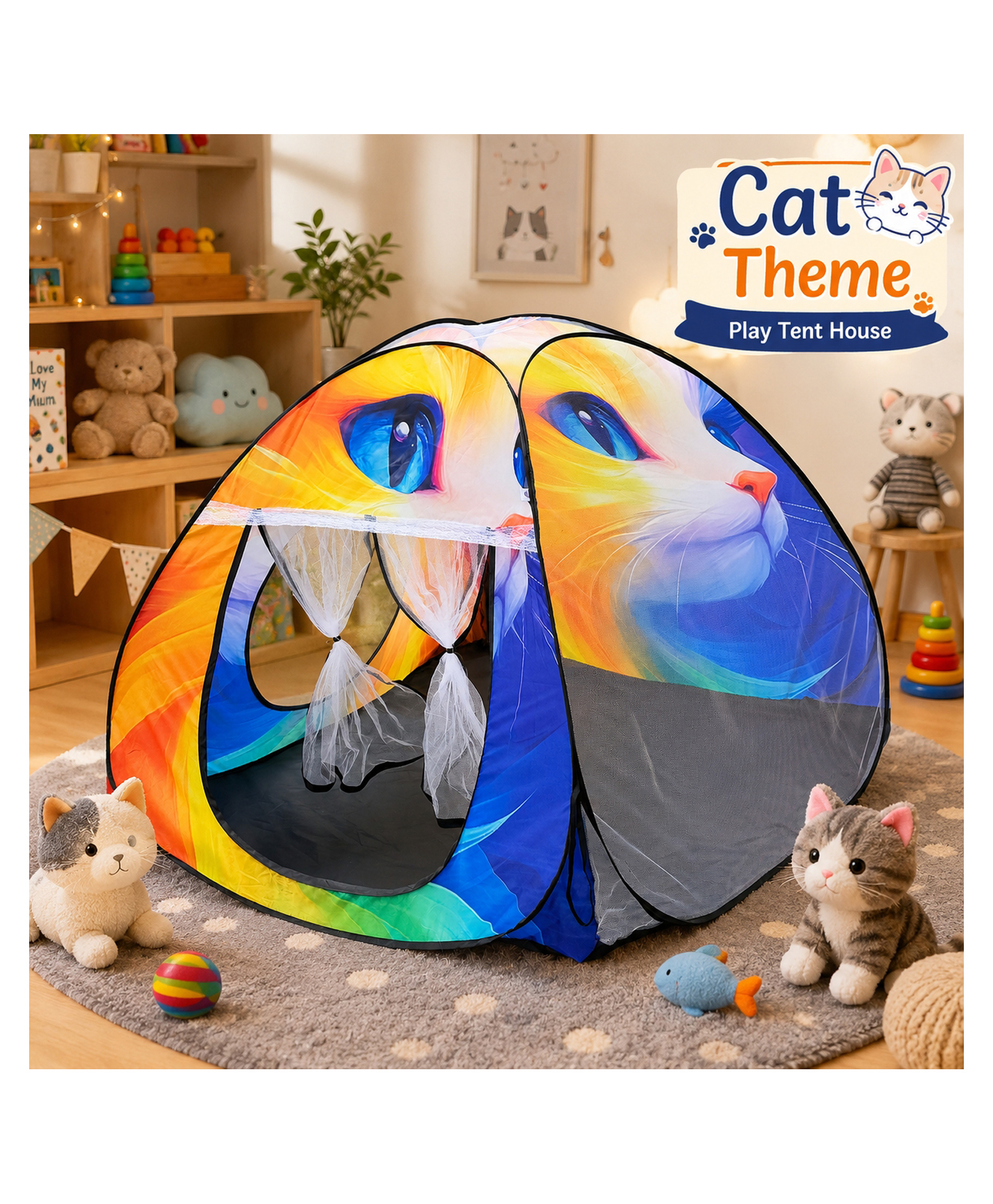 Silver Shine Foldable Play Tent House Big Size for Girl Boys with Cat Theme Pop-Up Indoor & Outdoor Playhouse for Girls Boys, Multi Purpose Tent with Fun Patterns Easy Setup & Portable (Cat Orange)-image-36