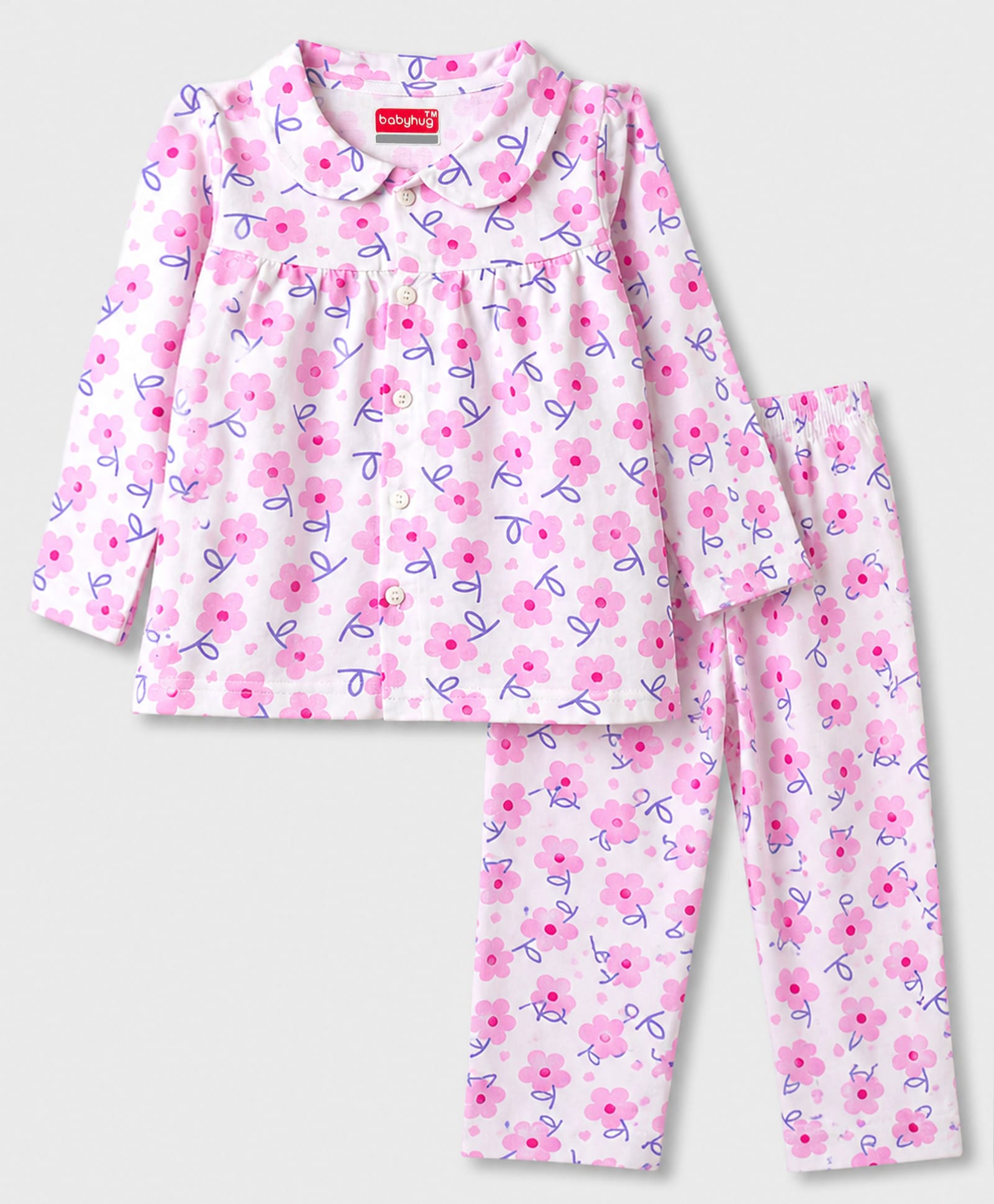 Babyhug Cotton Knit Full Sleeves Front Open Co-Ords Top & Pajama Night Suit Floral Print - White & Pink-image-6