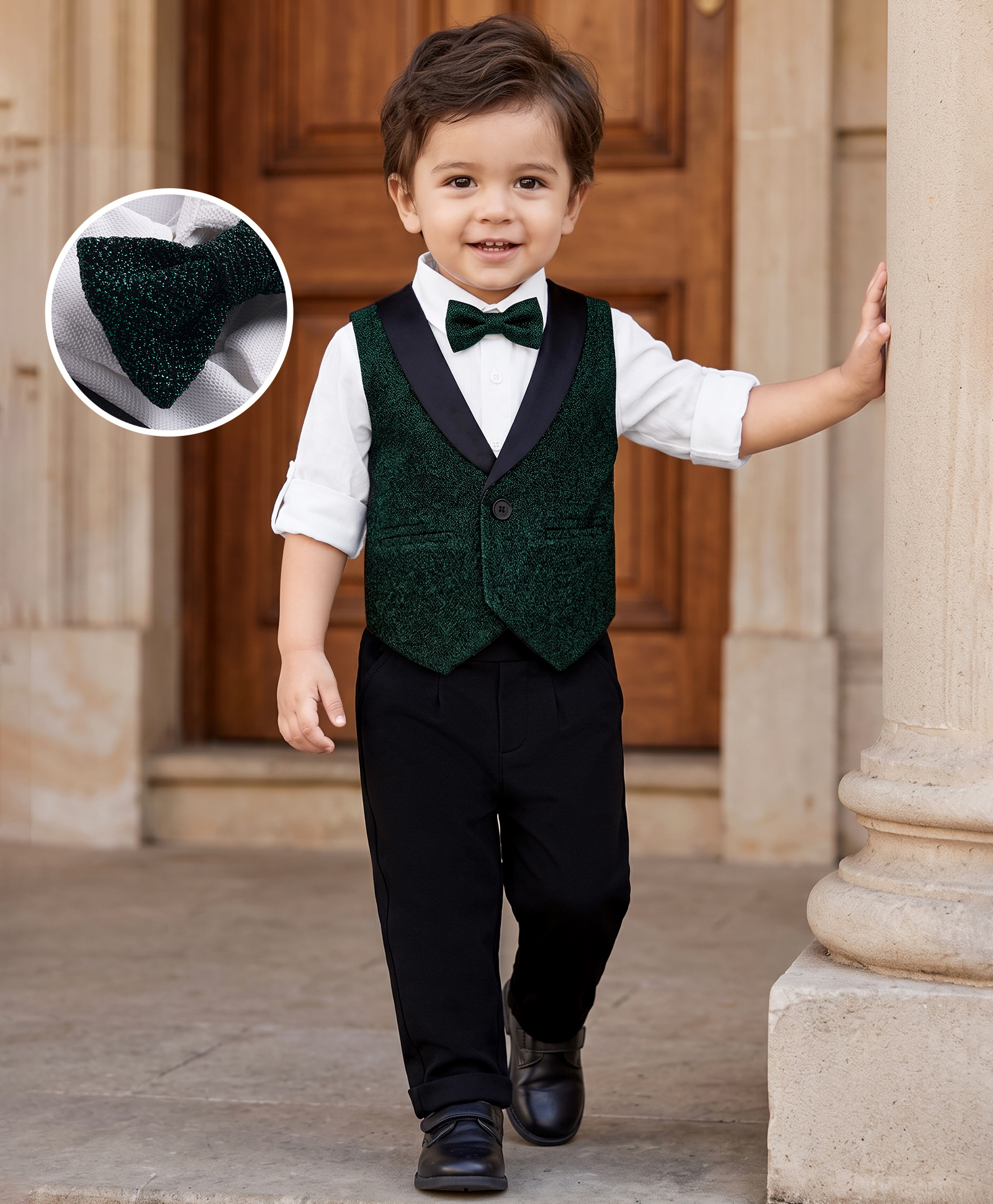 Babyhug Woven Full Sleeves Solid Three Piece Party Suit With Glitter & Bow - Green-image-23