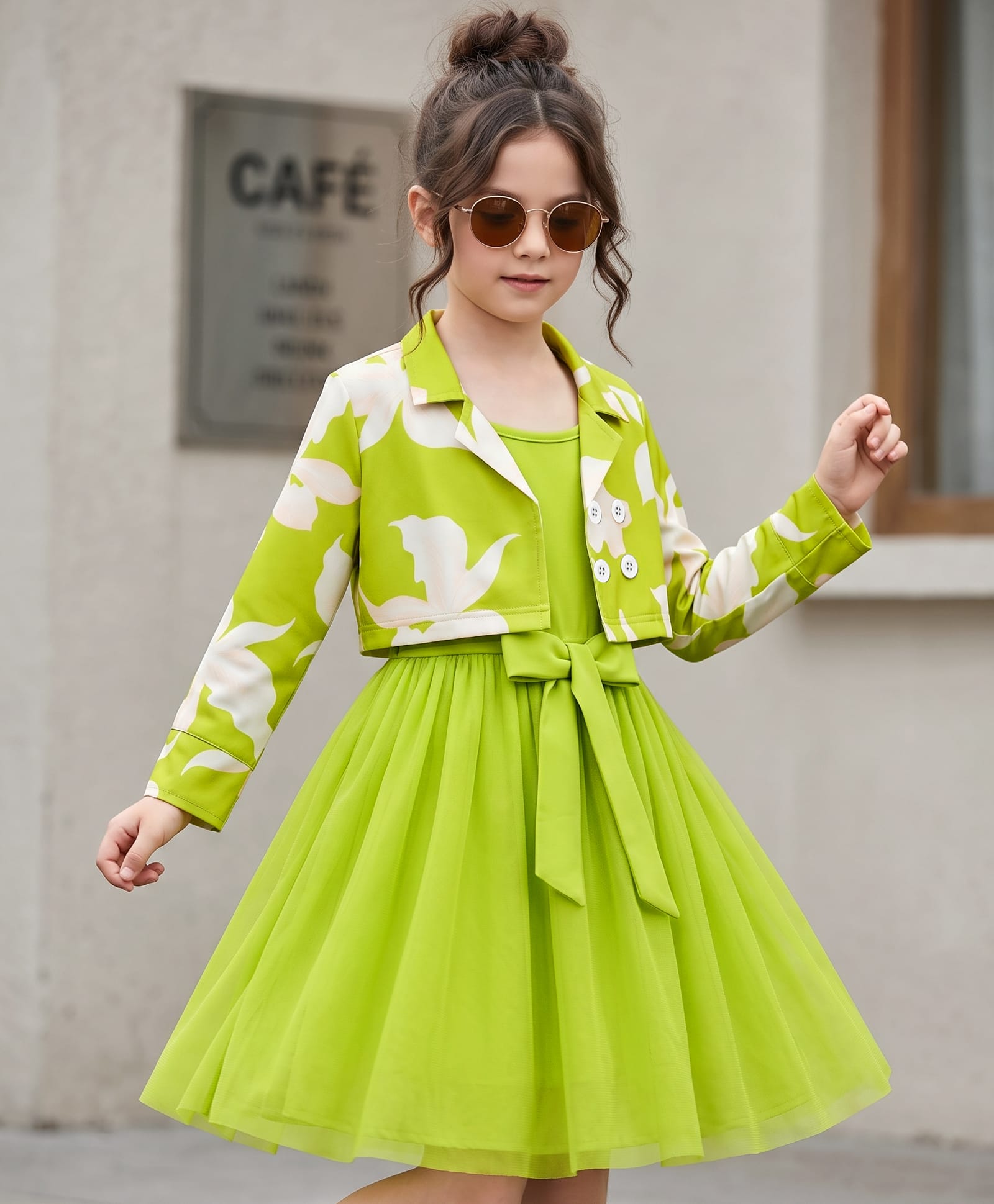 OLLINGTON ST. Woven Full Sleeves Floral Printed Jacket & Frock With Bow Applique - Limegreen-image-10