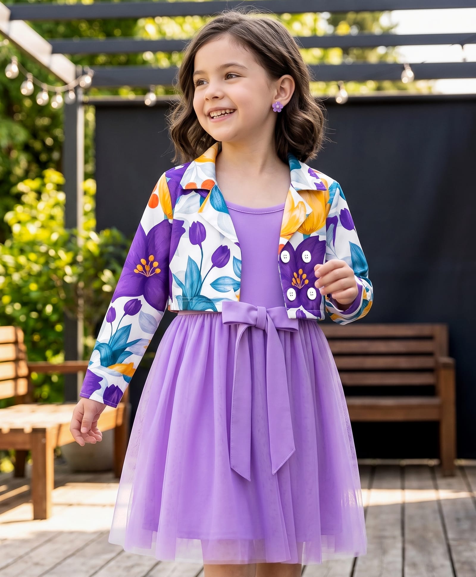 OLLINGTON ST. Woven Full Sleeves Floral Printed Jacket & Frock With Bow Applique - Purple-image-19