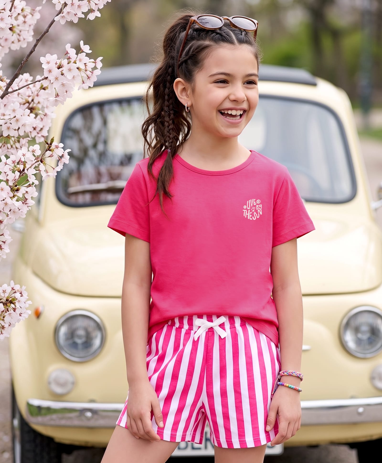 Pine Kids Cotton Knit Half Sleeves T-Shirt & Striped Shorts Night Suit With Text Print - Pink-image-46