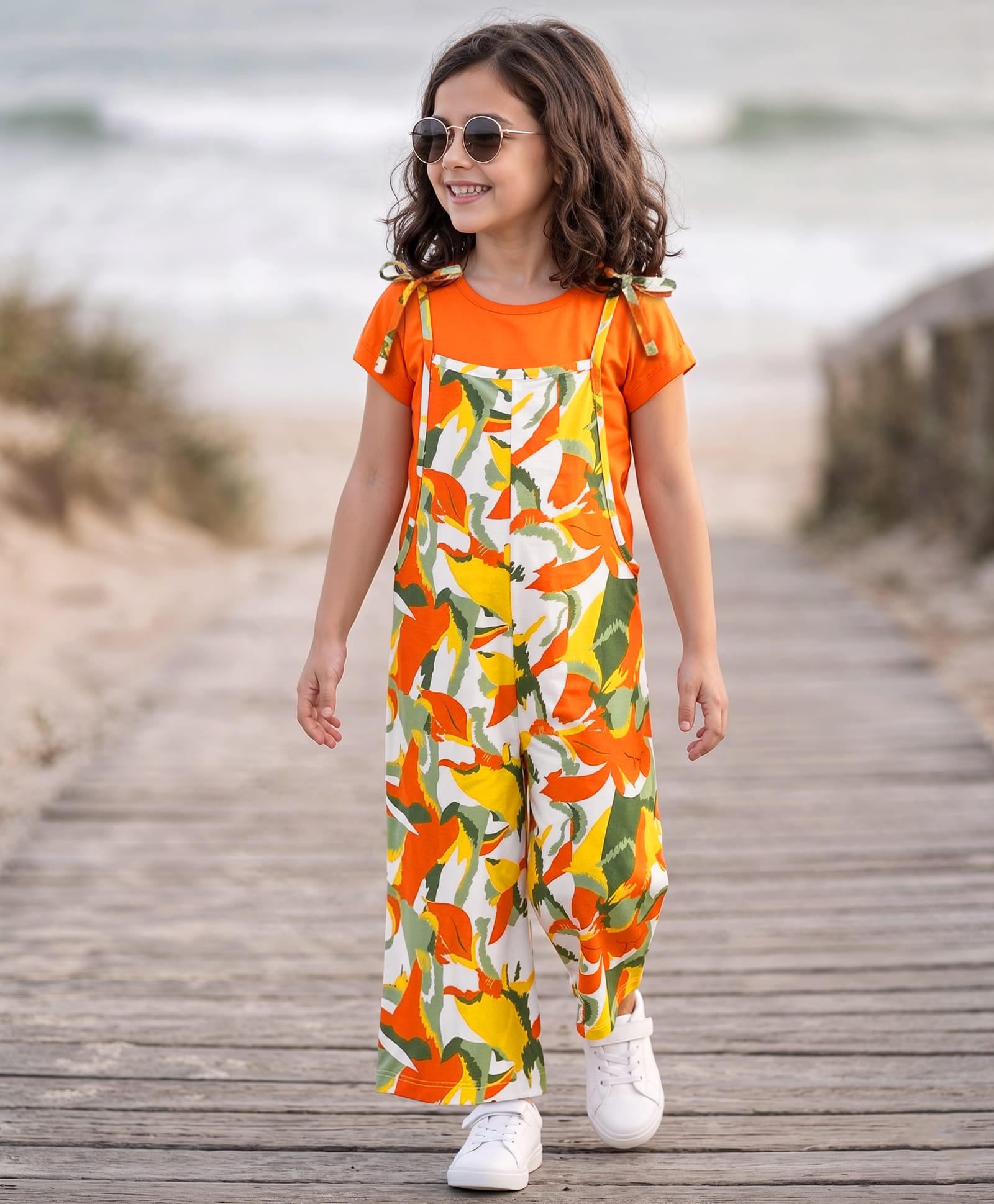 OLLINGTON ST. Cotton Knit Abstract Printed Dungaree & Half Sleeves Inner Top - Multicolor & Orange-picture-15
