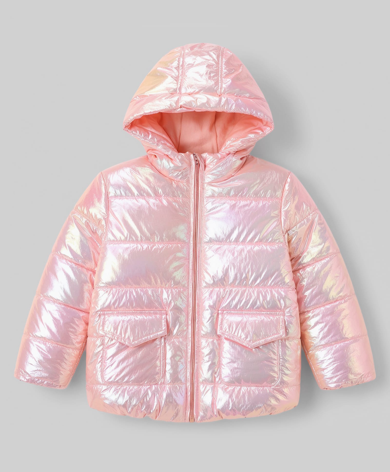 Babyhug Woven Full Sleeves Solid Metallic Colour Hooded Padded Jacket - Pink-picture-21
