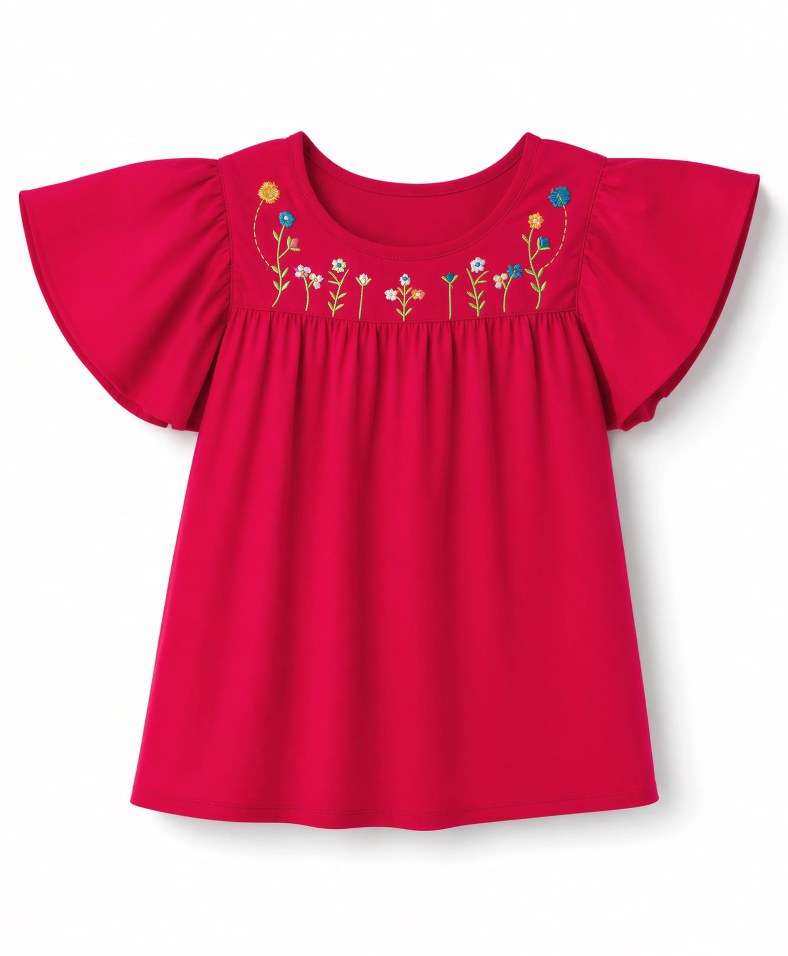 Pine Kids Woven Half Flutter Sleeves Floral Embroidered Top - Red-picture-18