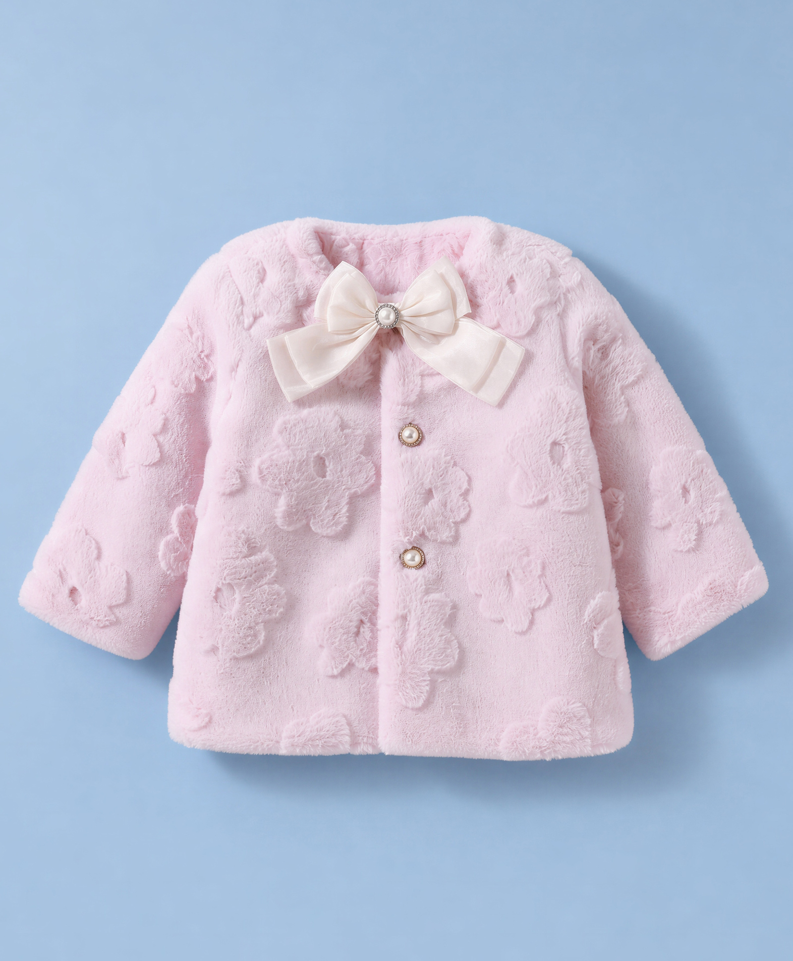Babyhug Fur Woven Jacket with Full Sleeves and Floral Pattern With Bow Applique - Light Pink-picture-37