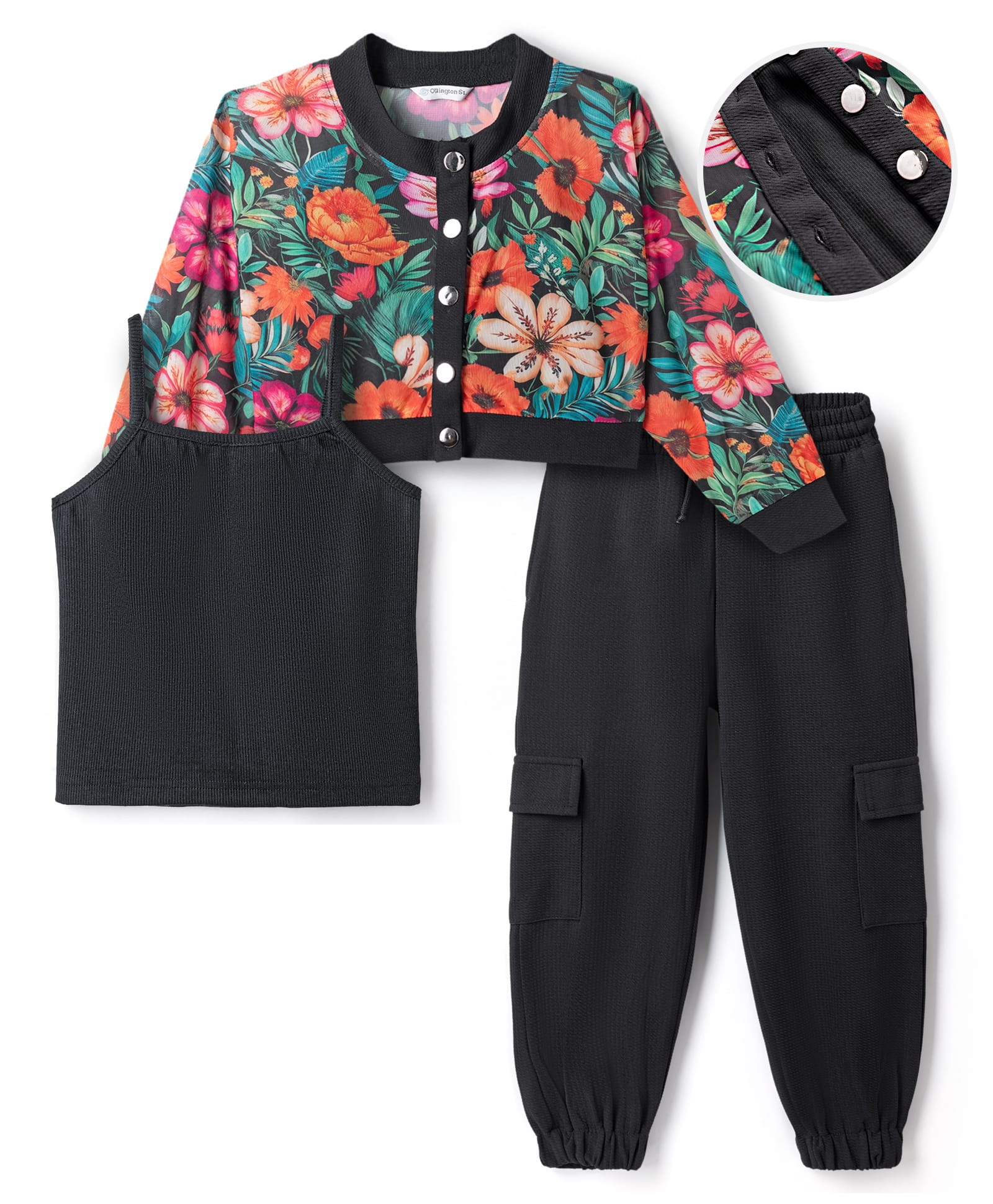OLLINGTON ST. Knit Full Sleeves Floral Printed Jacket & Pant With Inner Top - Black-image-41