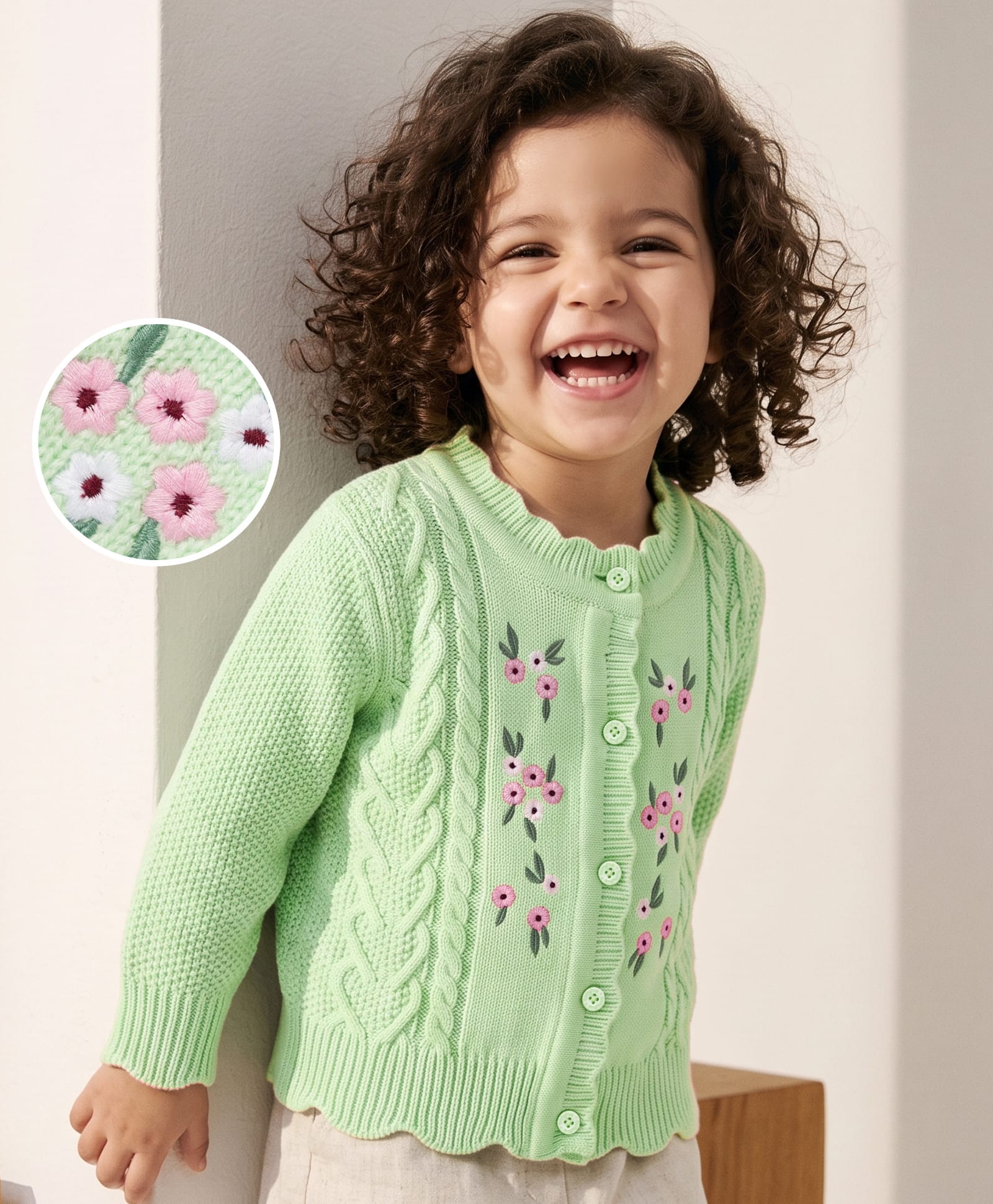 Babyhug Knit Full Sleeves Front Open Sweaters With Cable Design & Floral Embroidery - Mint-picture-23