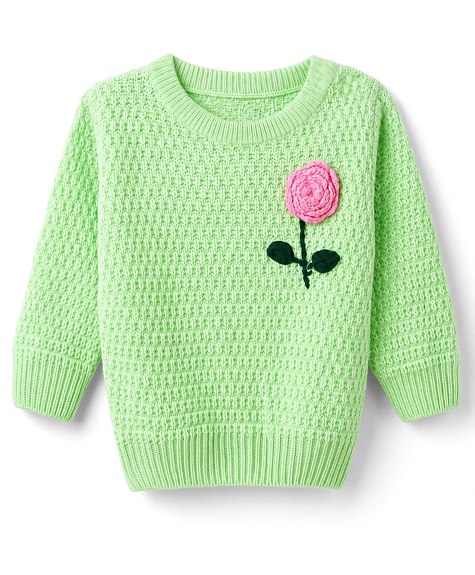 Babyhug Knit Full Sleeves Pullover With Cable Knit Design & Floral Embroidery - Light Green-picture-20