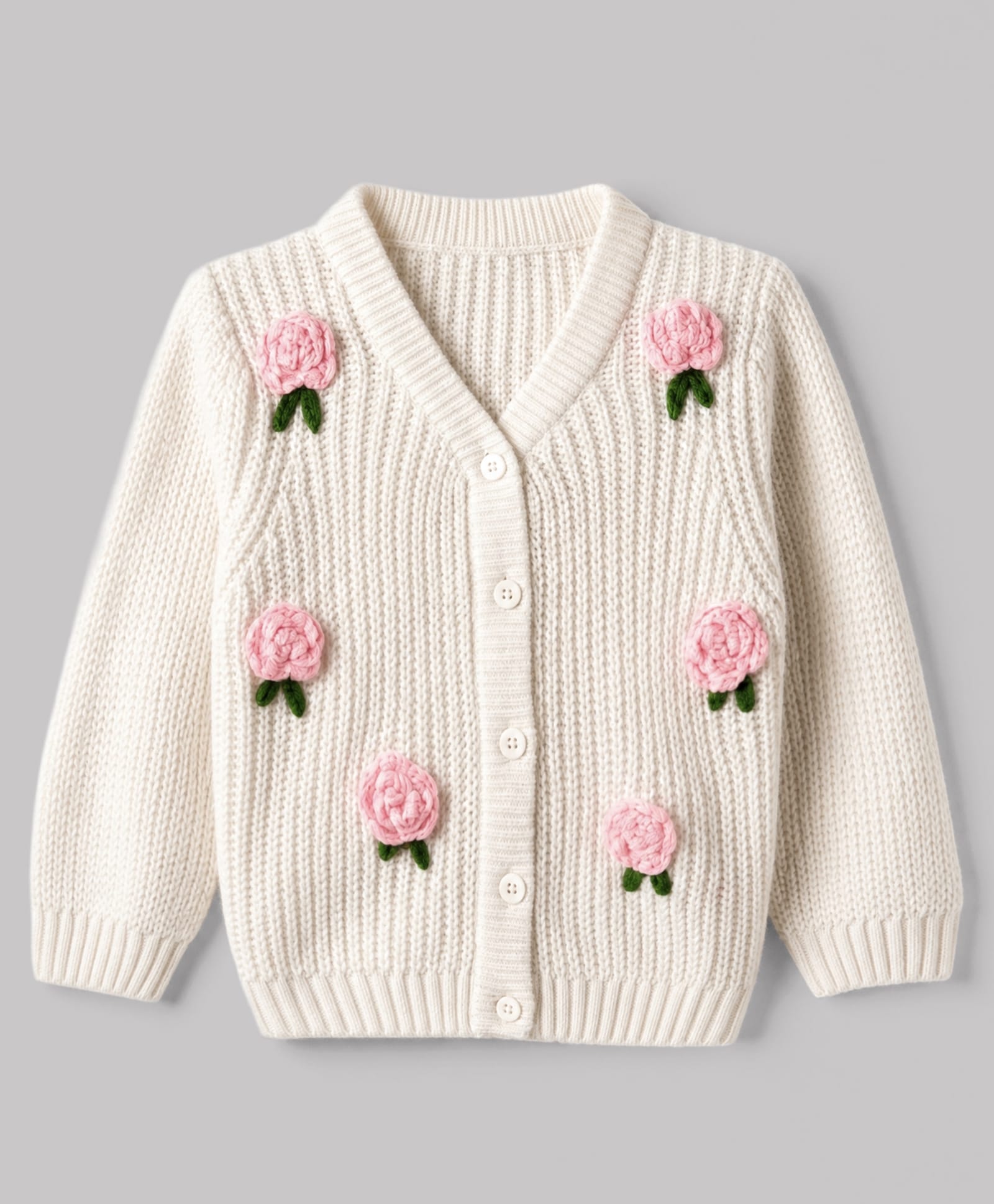 Babyhug Knit Full Sleeves Front Open Sweater with Rose Applique - White-picture-25