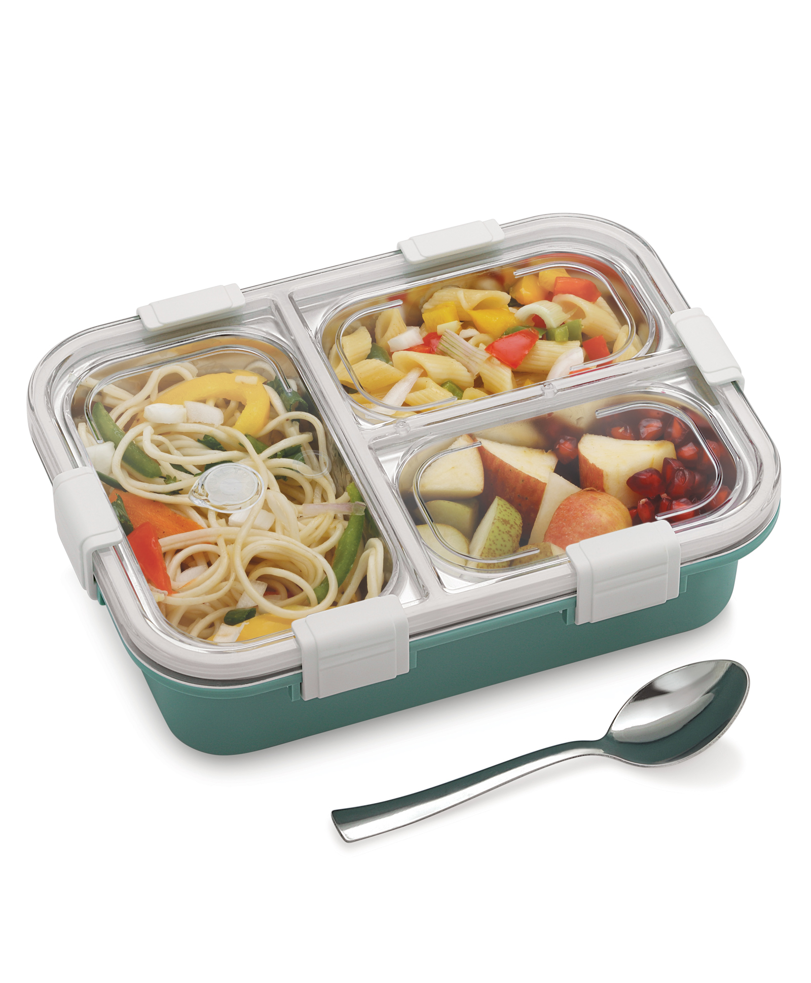 Adore Smart Meal 3 Stainless Steel Bento Insulated Lunch Box with 3 Compartments and Spoon- Green-image-40
