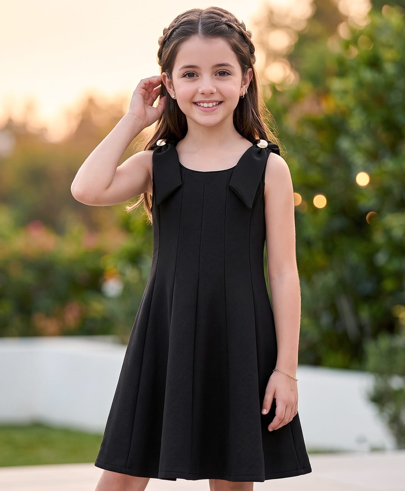 Arias Scuba Knit Sleeveless Solid Colour Party Dress with Shoulder Brooch - Black-image-17