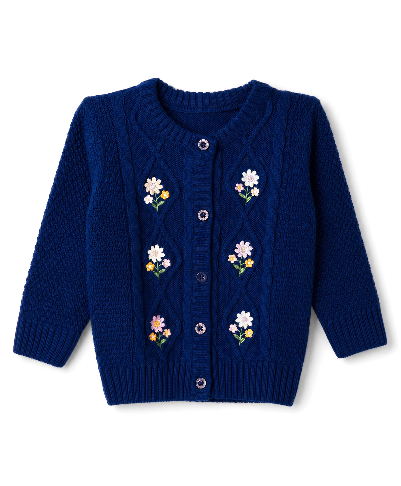 Babyhug Knit Full Sleeves Front Open Sweaters With Cable Design & Floral Embroidery - Navy Blue-picture-21