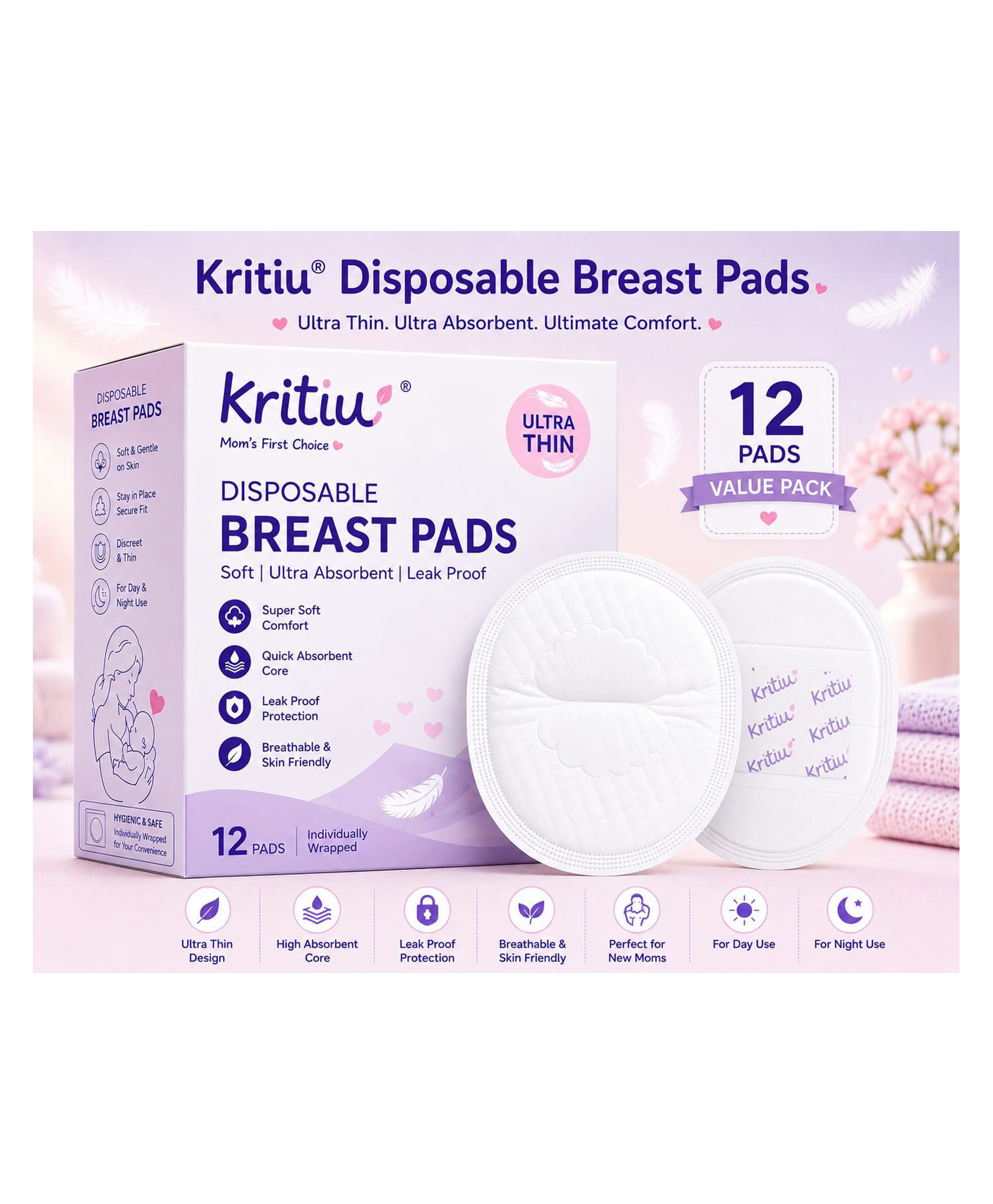 Kritiu 3D Contoured Disposable Breast Pads - Pack of 12 | Ultra Thin| Discreet Fit| Anti-slip Pads| Leak Proof| Invisible Under Clothes| Super Absorbent Polymer| Hygienic-picture-4