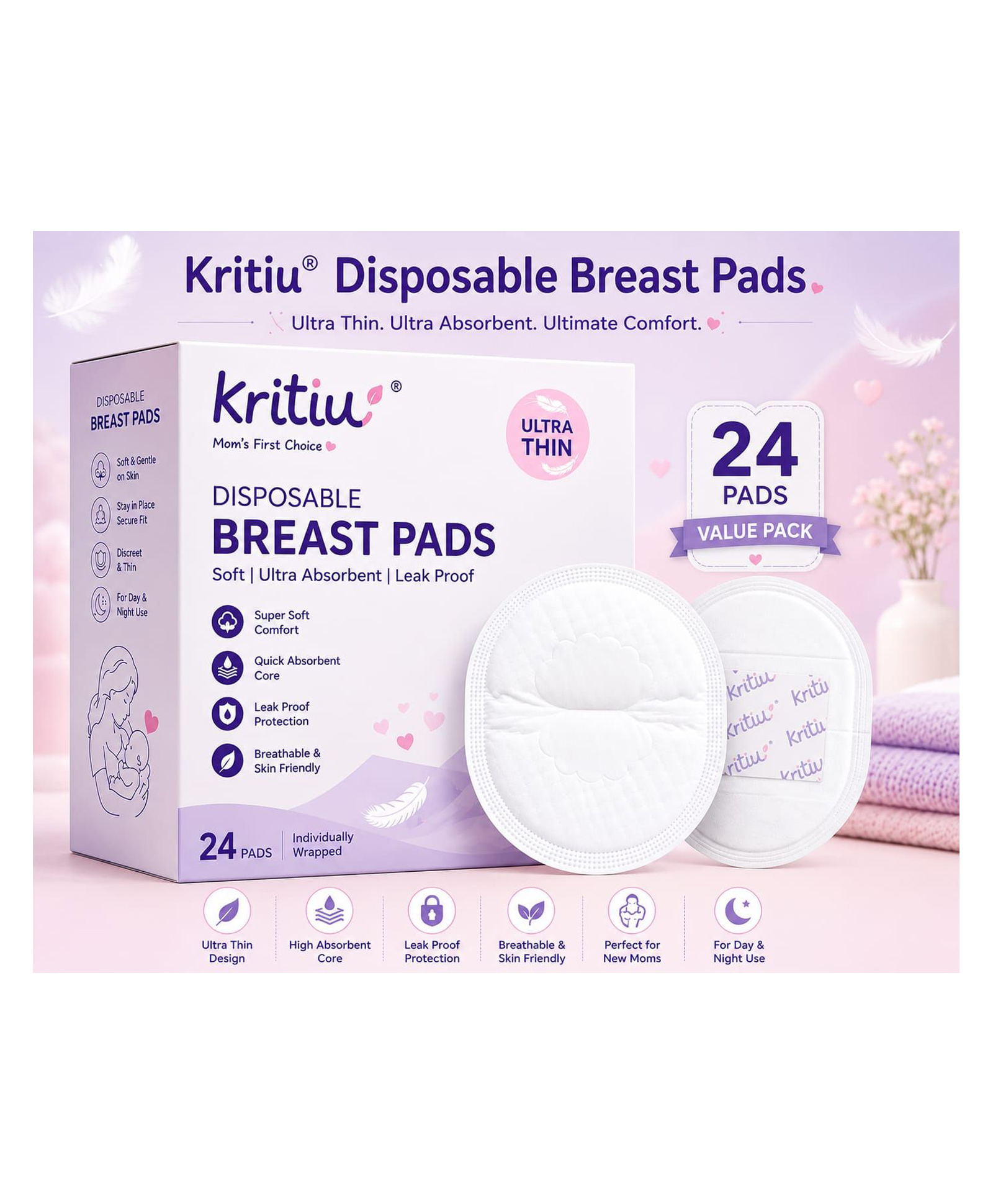 Kritiu 3D Contoured Disposable Breast Pads - Pack of 24| Ultra Thin| Discreet Fit| Anti-slip Pads| Leak Proof| Invisible Under Clothes| Super Absorbent Polymer| Hygienic-picture-6