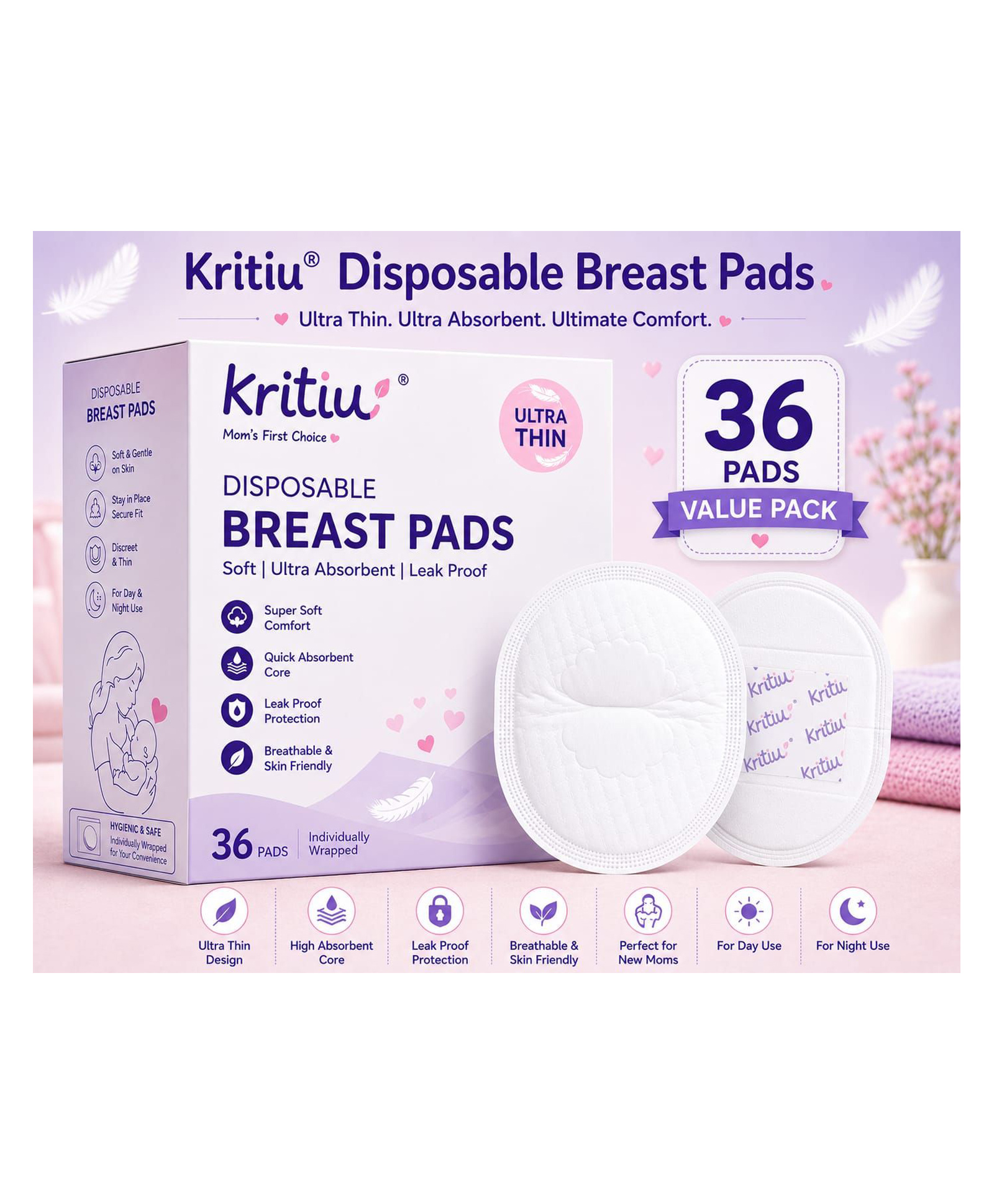 Kritiu 3D Contoured Disposable Breast Pads - Pack of 36| Ultra Thin| Discreet Fit| Anti-slip Pads| Leak Proof| Invisible Under Clothes| Super Absorbent Polymer| Hygienic-picture-0