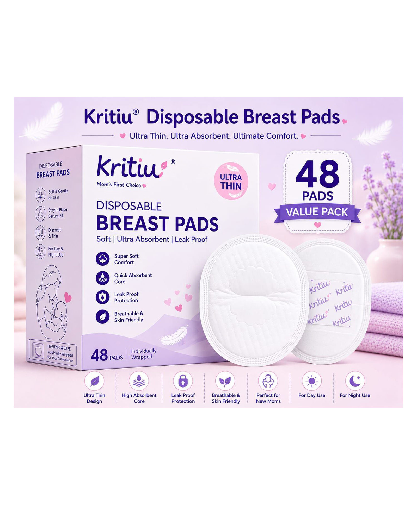 Kritiu 3D Contoured Disposable Breast Pads - Pack of 48| Ultra Thin| Discreet Fit| Anti-slip Pads| Leak Proof| Invisible Under Clothes| Super Absorbent Polymer| Hygienic-picture-2