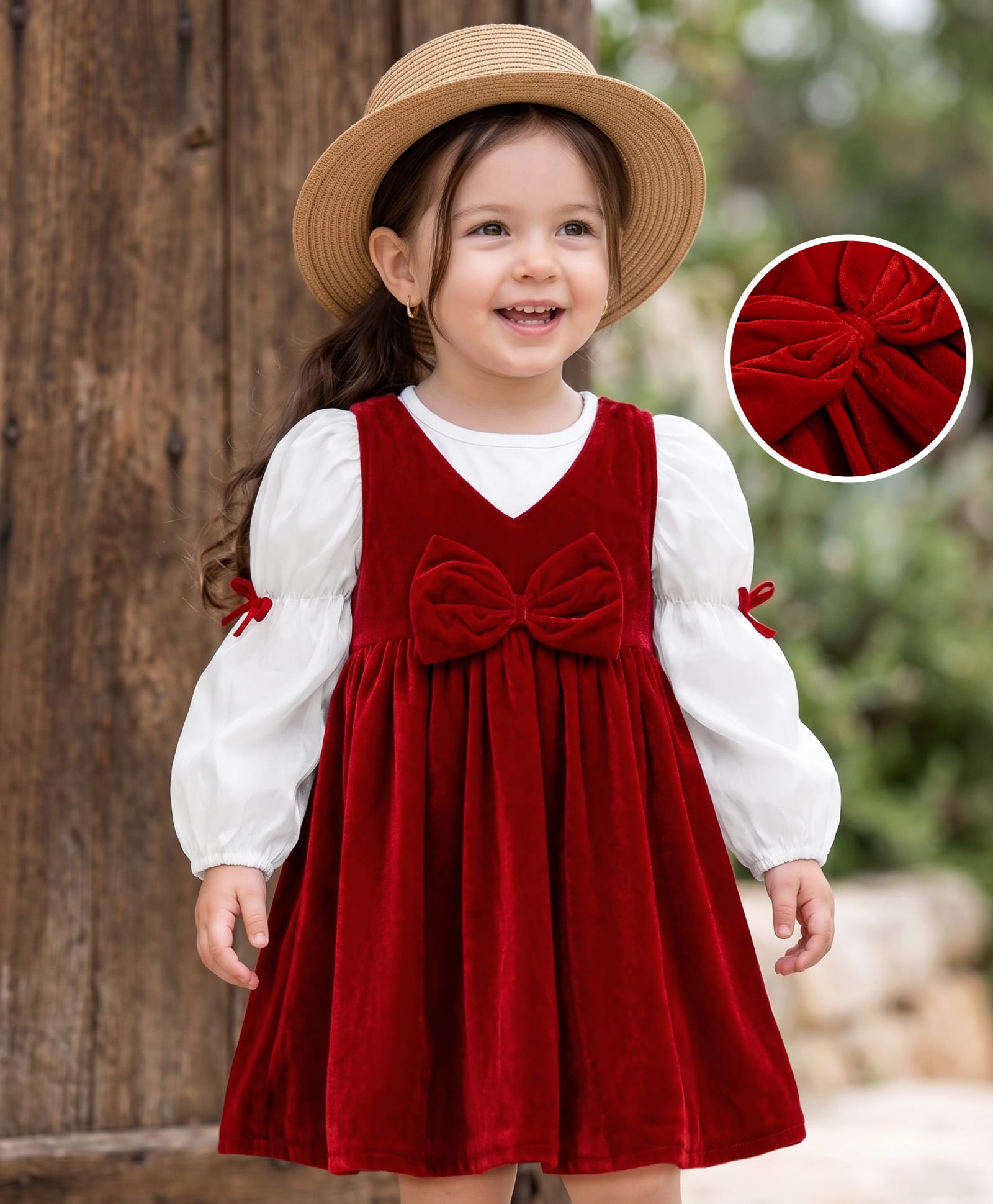 Babyhug Velvet Woven Full Sleeves Frock With Inner Tee Bow Applique - Red-picture-17