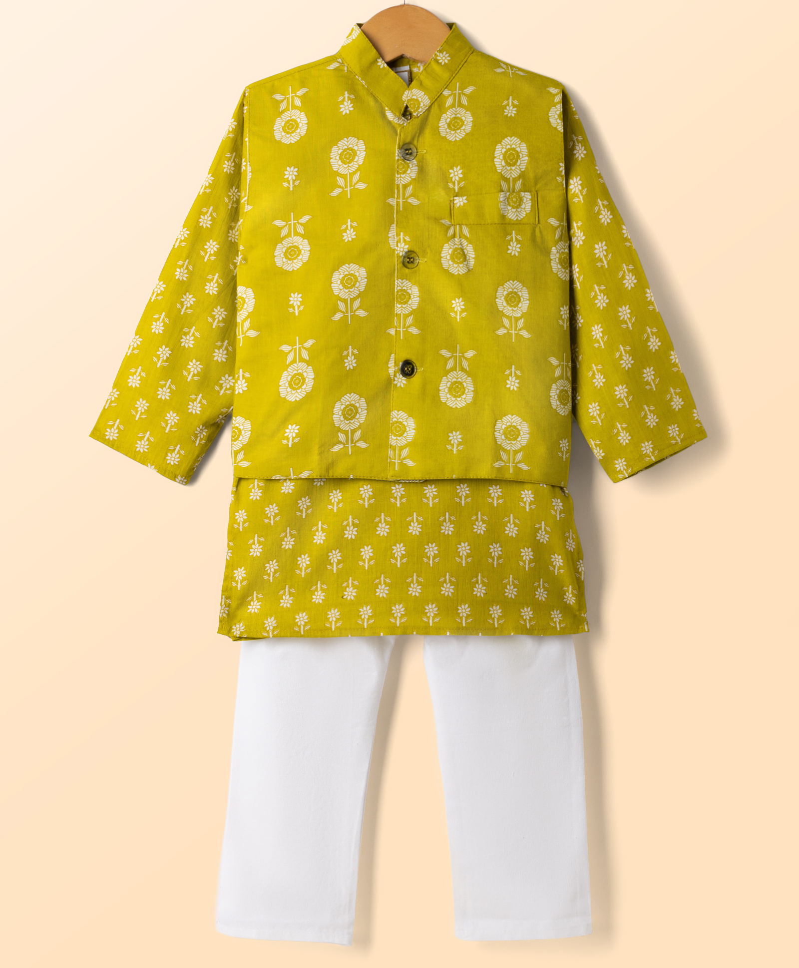 Teentaare Cotton Woven Full Sleeves Floral Printed Kurta & Pyjama Set With Jacket - Lime Green-image-7
