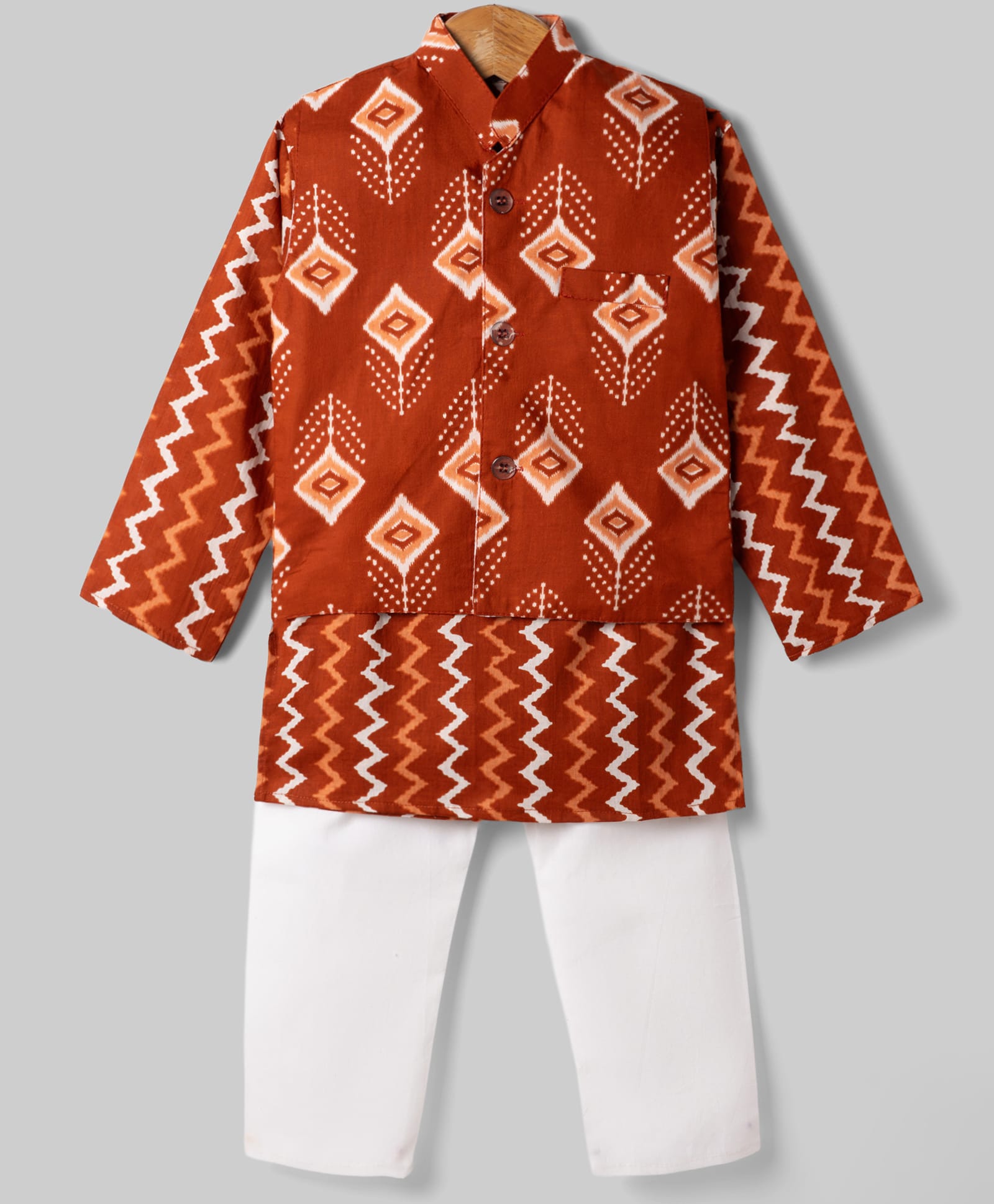 Teentaare Cotton Woven Full Sleeves Chevron Printed Kurta Pajama Set with Nehru Jacket - Rust Orange-image-19