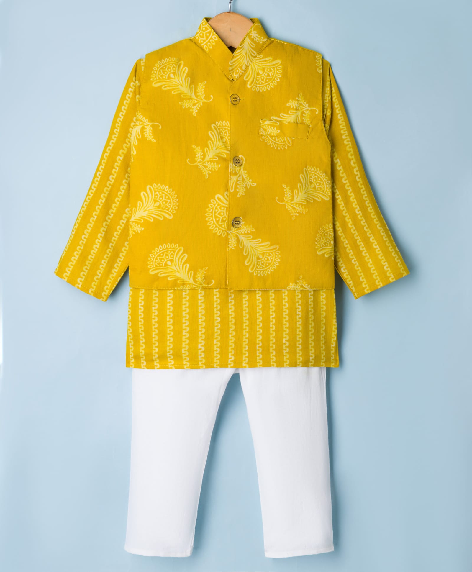Teentaare Cotton Woven Full Sleeves Chevron Printed Kurta Pajama Set with Nehru Jacket - Mustard-picture-11