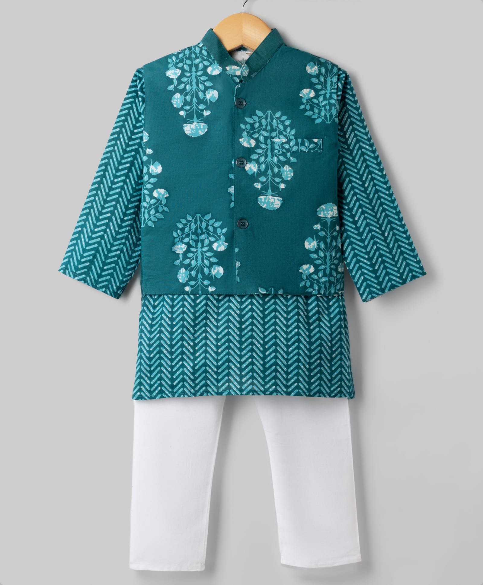 Teentaare Cotton Woven Full Sleeves Kurta & Pyjama Set With Floral Printed Jacket - Mint-image-26