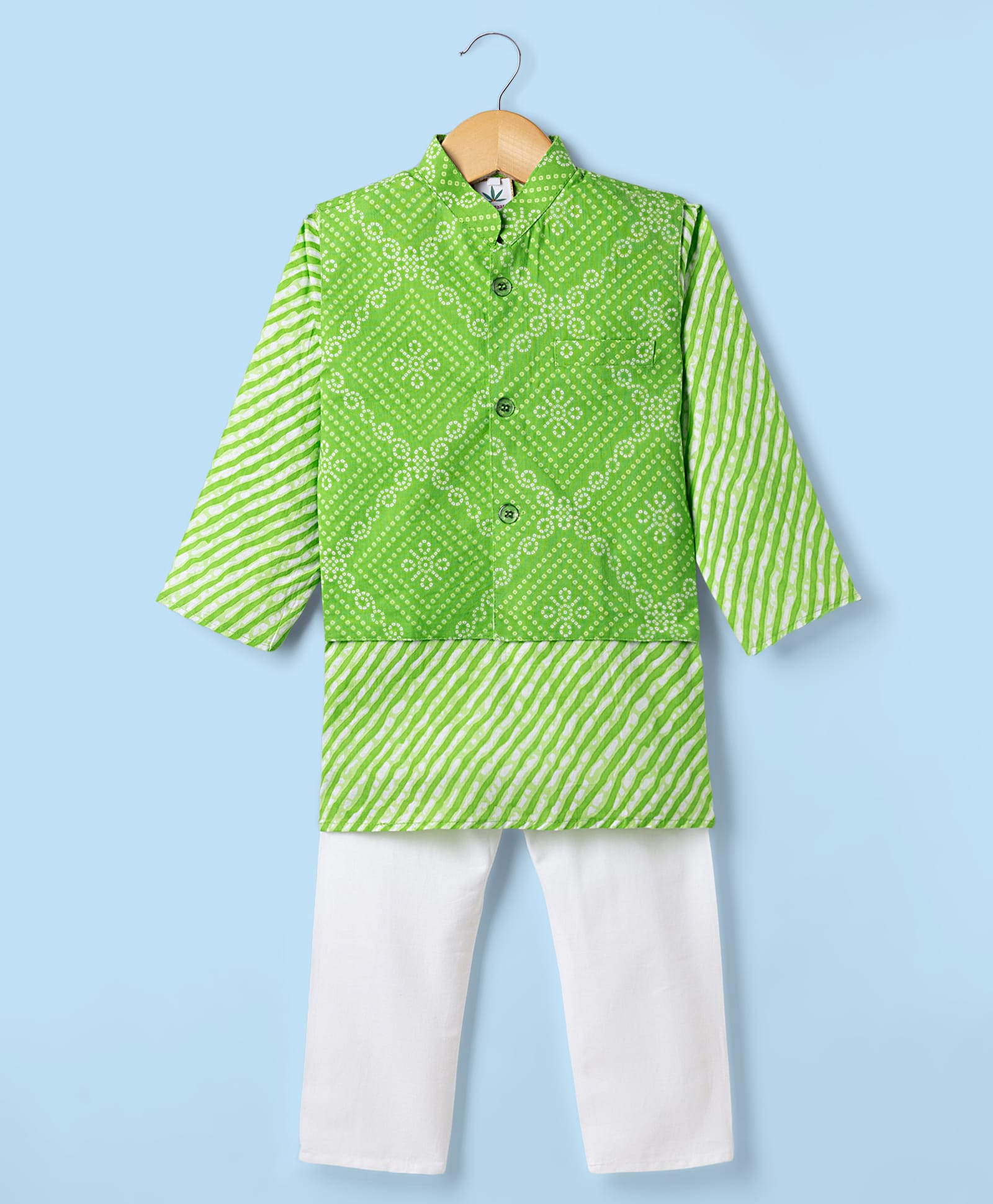 Teentaare Cotton Woven Full Sleeves Kurta & Pyjama Set With Bandhani Printed Jacket - Lime Green-image-4