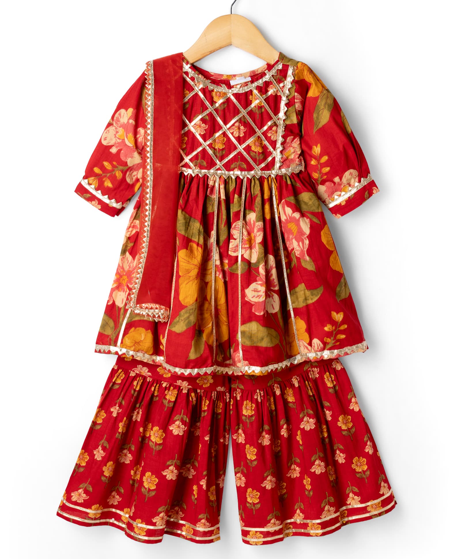 Teentaare Cotton Woven Three Fourth Sleeves Cotton Kurta Sharara & Dupatta With Floral Print & Lace Detailing - Red-image-36