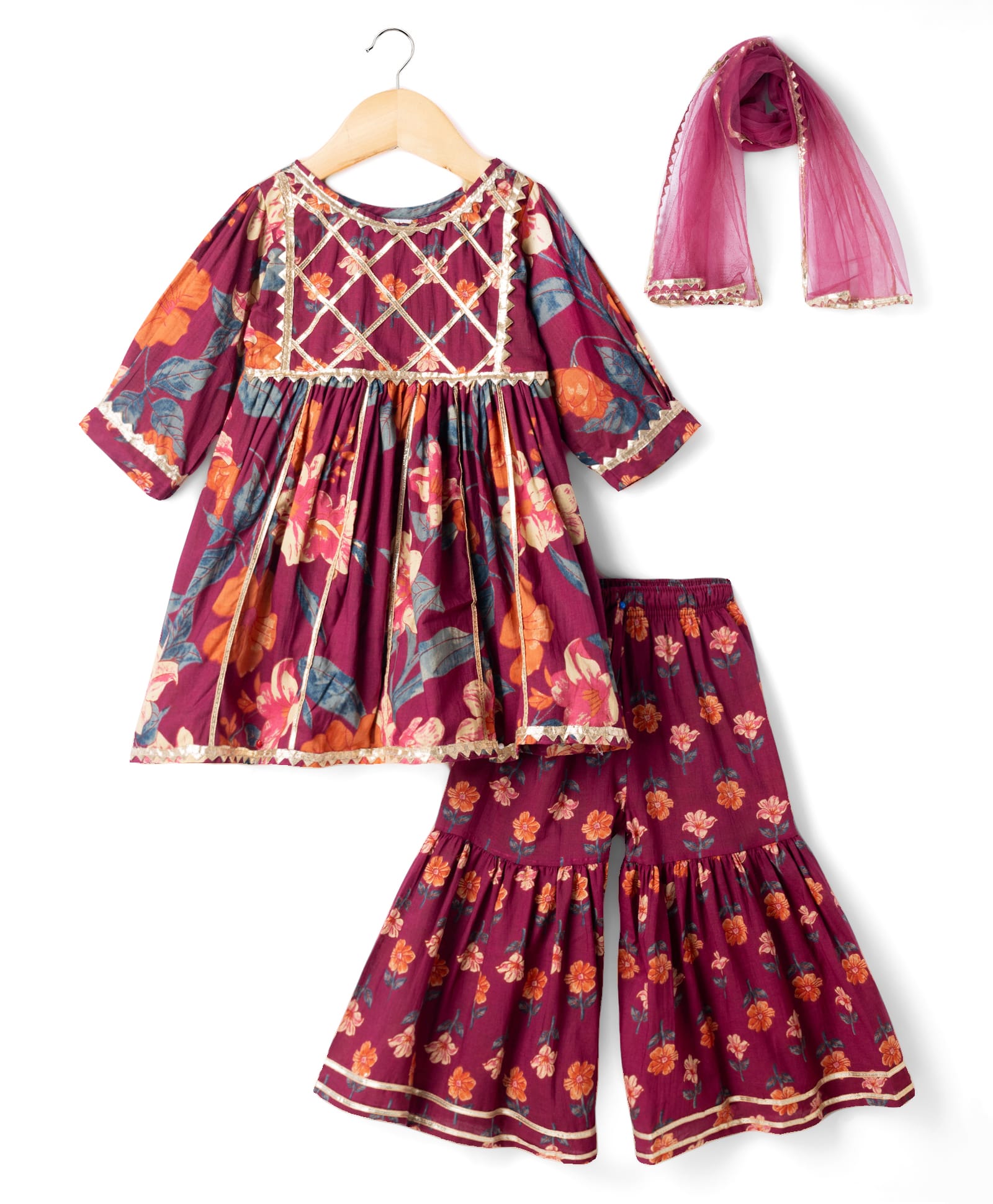 Teentaare Cotton Woven Three Fourth Sleeves Cotton Kurta Sharara & Dupatta With Floral Print & Lace Detailing - Wine-image-3