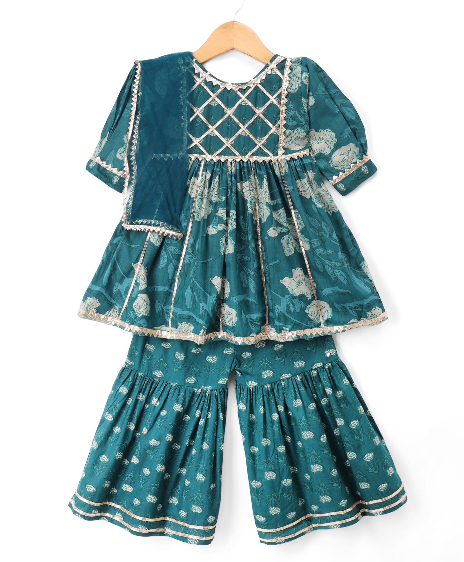 Teentaare Cotton Woven Three Fourth Sleeves Cotton Kurta Sharara & Dupatta With Floral Print & Lace Detailing - Teal Blue-picture-23