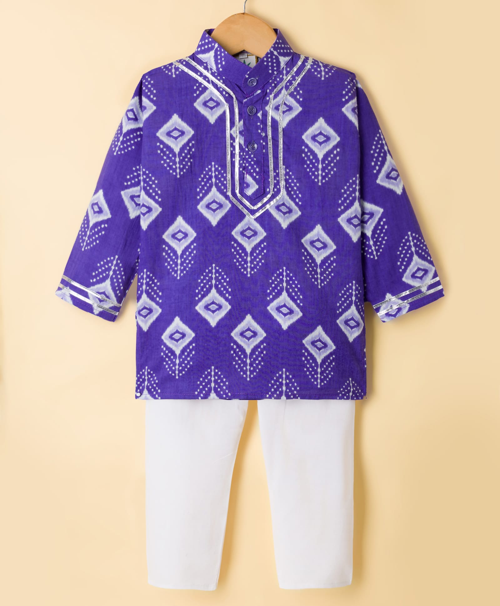 Teentaare Cotton Woven Full Sleeves Kurta Pajama Set with Argyle Print - Purple-picture-12