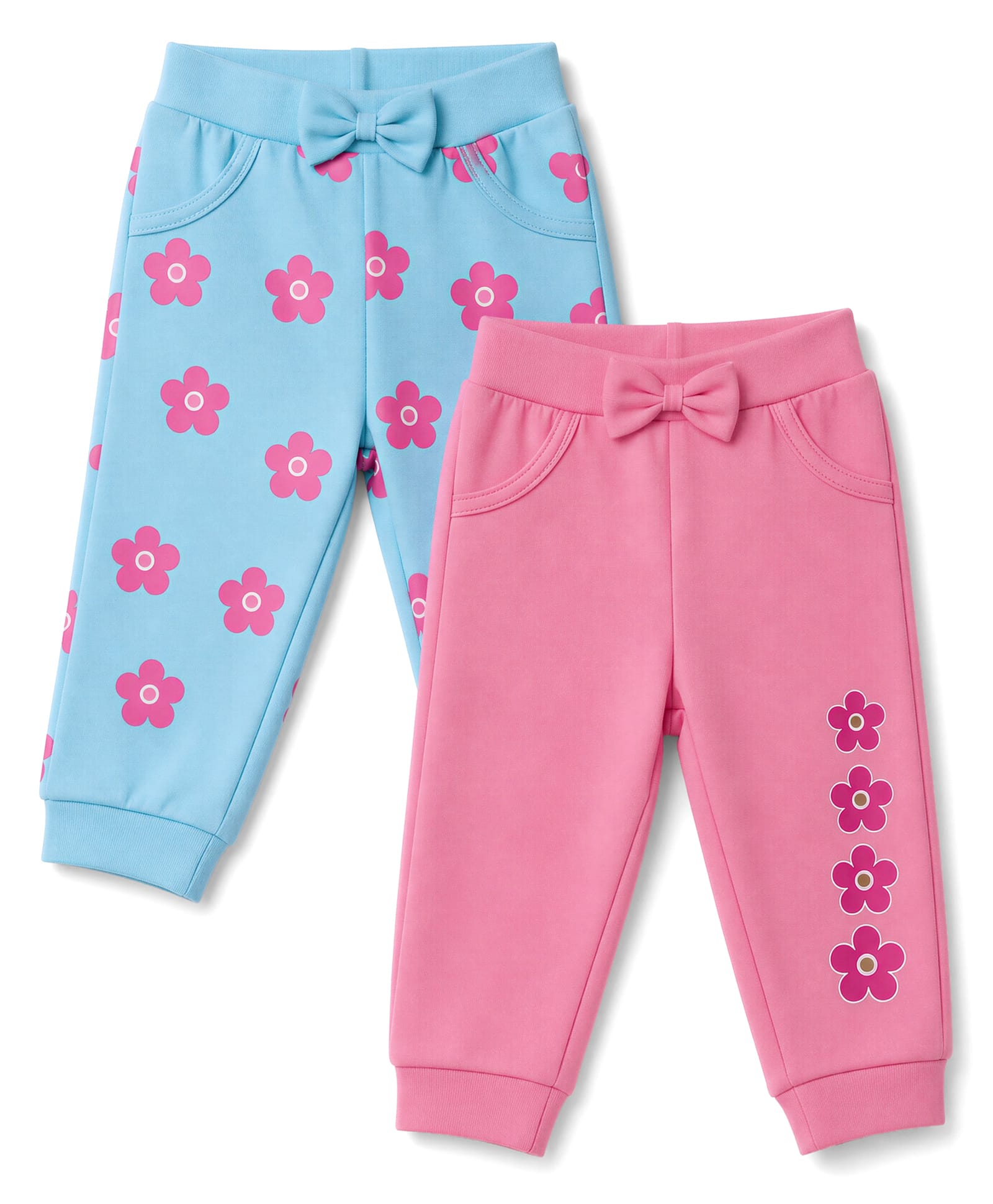Doodle Poodle 100% Cotton Single Jersey Knit Full Length Lounge & Track Pant With Floral Print & Bow Applique Pack of 2 - Pink & Sky Blue-picture-17