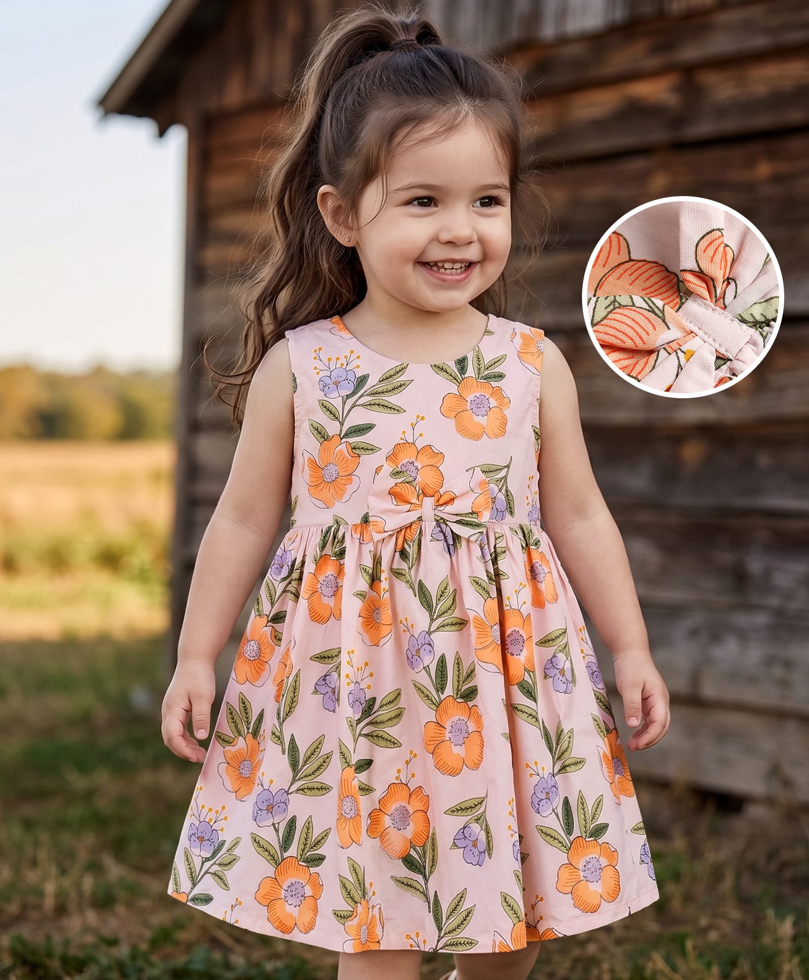 Babyhug Poplin Woven Sleeveless Floral Printed Frock with Bow Applique - Peach-image-30