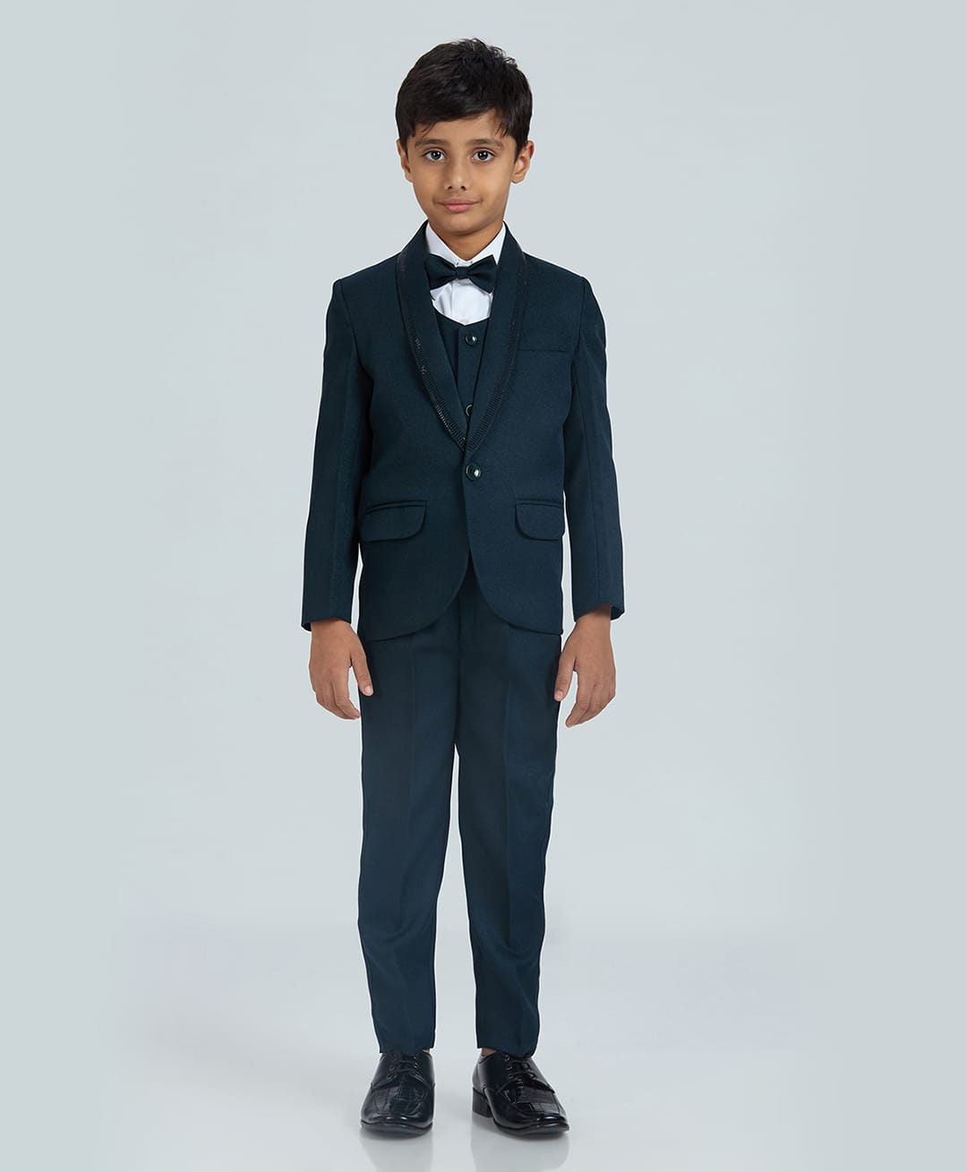 KIDS ISLAND Woven Full Sleeves Solid 4 Piece Party Suit Set With Bow - Teal Blue-image-41