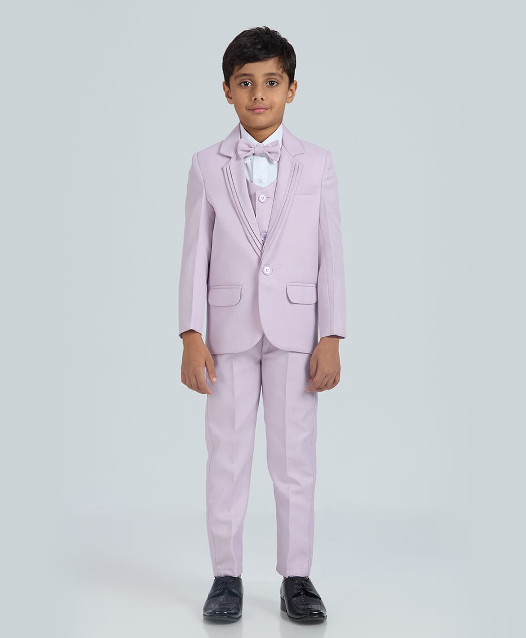 KIDS ISLAND Woven Full Sleeves Solid 4 Piece Party Suit Set With Bow - Mauve-image-28
