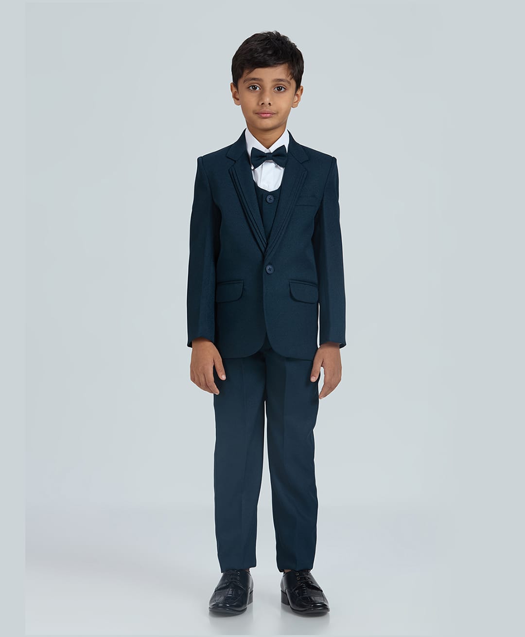KIDS ISLAND Woven Full Sleeves Solid 4 Piece Party Suit Set With Bow -Teal Blue-image-45