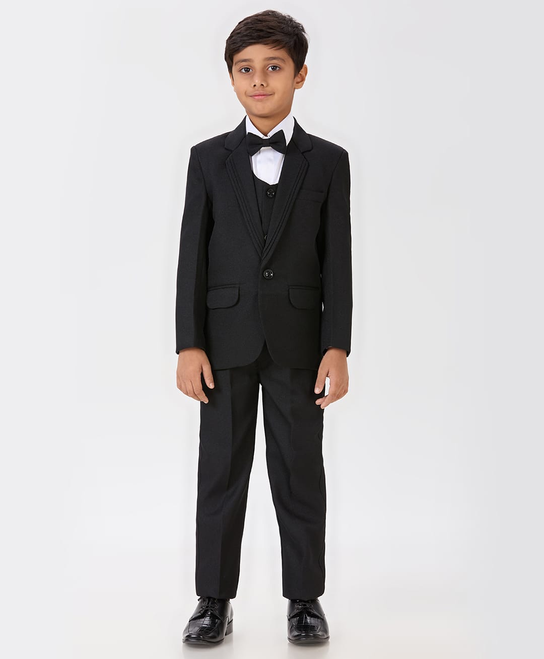 KIDS ISLAND Woven Full Sleeves Solid 4 Piece Party Suit Set With Bow - Black-image-46