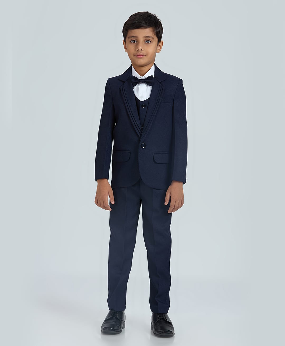 KIDS ISLAND Woven Full Sleeves Solid 4 Piece Party Suit Set With Bow - Navy Blue-image-8