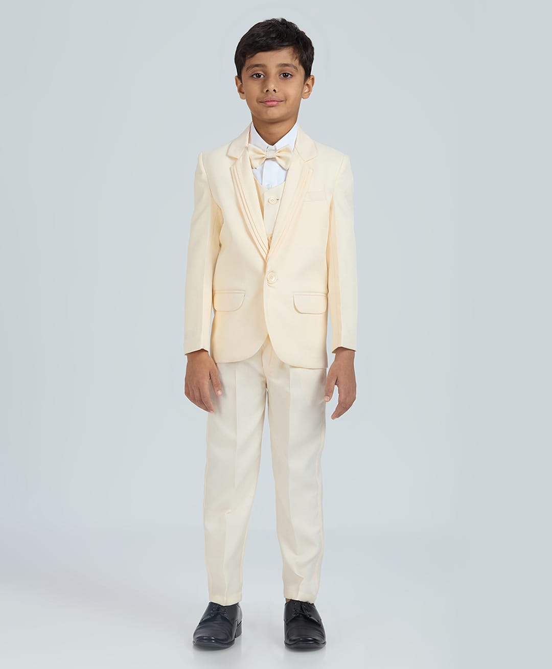 KIDS ISLAND Woven Full Sleeves Solid 4 Piece Party Suit Set With Bow - Cream-image-14