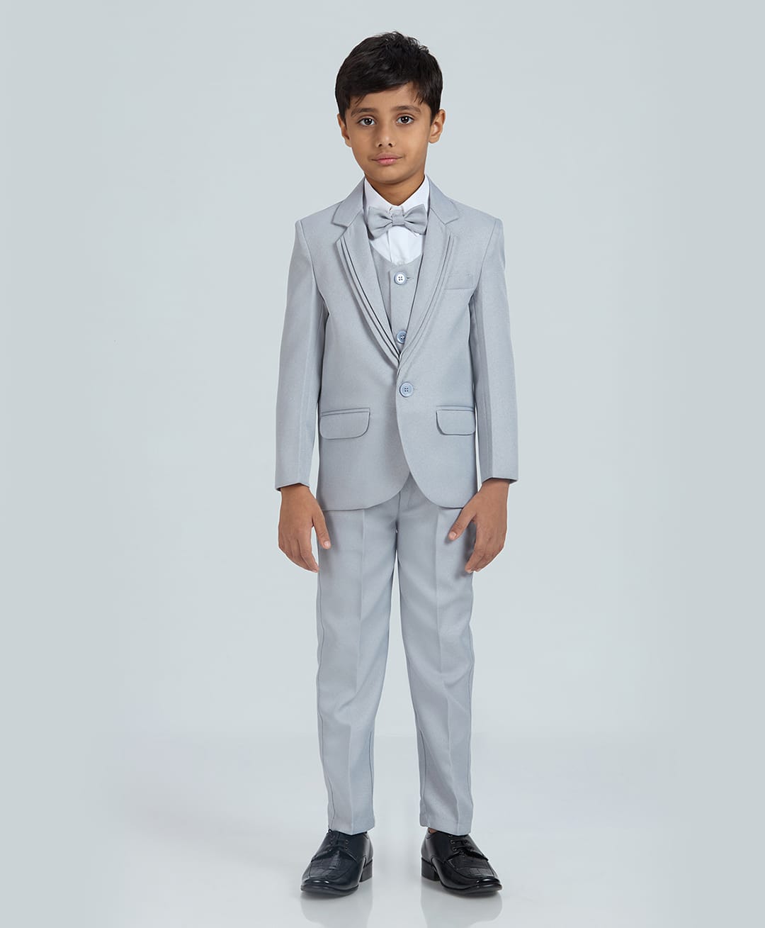 KIDS ISLAND Woven Full Sleeves Solid 4 Piece Party Suit Set With Bow - Grey-image-44