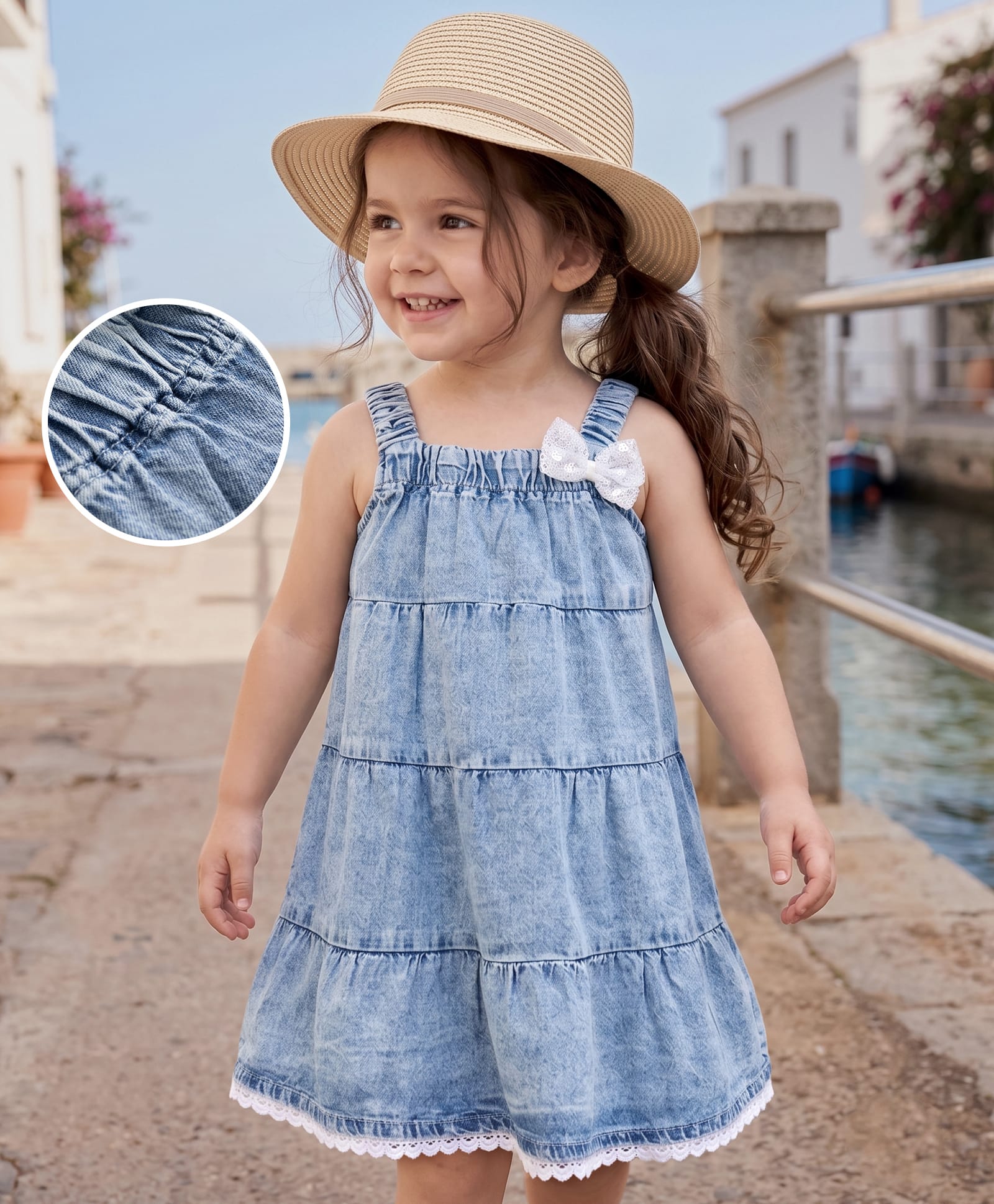 Babyhug Denim Woven Sleeveless Frock With Bow Applique - Blue-image-38
